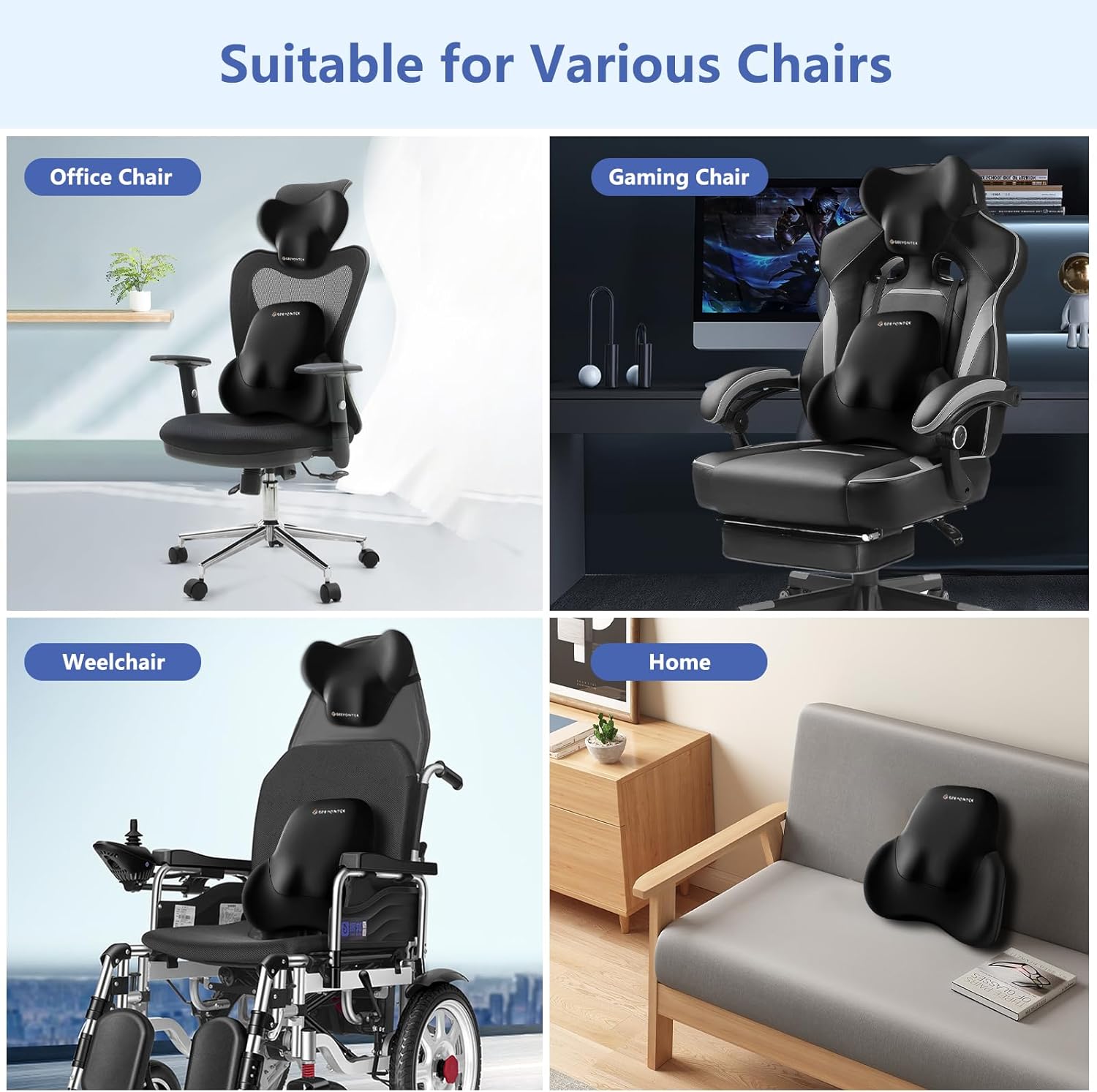 Car Lumbar Support Pillow and Neck Pillow kit for Back & Neck Pain Relief Ergonomic Memory Foam Car Seat Headrest & Lumbar Cushion with Adjustable Strap for Driving Seat/Office Chair Black - Image 5