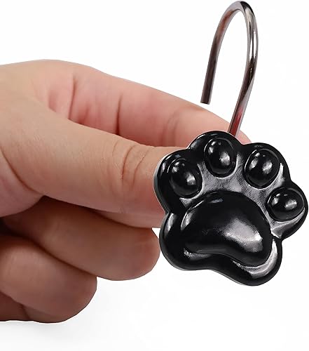 Miniatura 4 de Ganchos decorativos negros para cortina de ducha bonitos y divertidos gatos y perros, osos con estampado de patas, ganchos y ganchos para cortina de