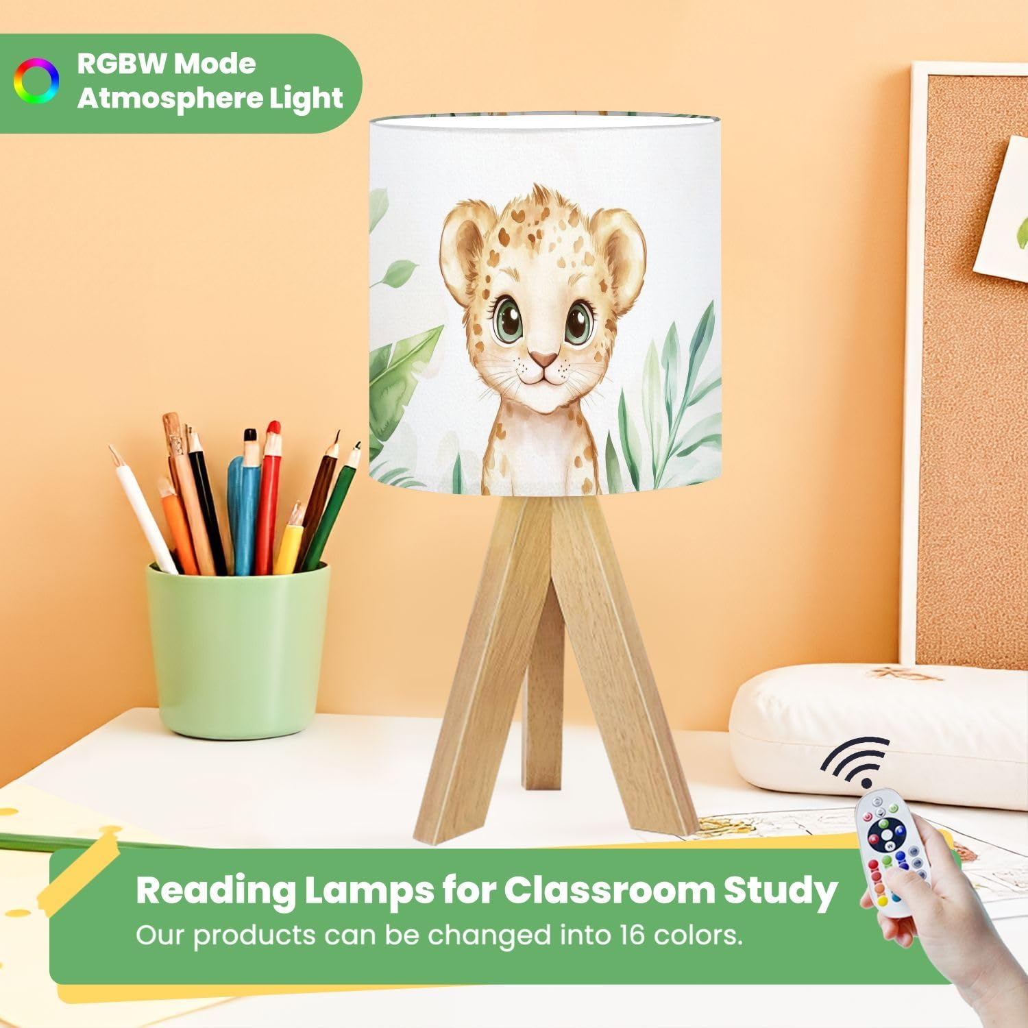 Cute Kids Bedside Desk Table Lamp Cute Animal Jungle Baby Leopard Green Foliage Large Eyes Light Fur Children Nightstand Lamp, Tripod Small Night Lights Linen for Nursery Room Bedroom Dorm Decor