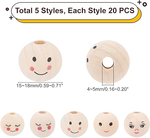 Miniatura 4 de PH PandaHall Cuentas de madera con cara sonriente, 100 cuentas de madera de 5 estilos, cuentas de cabeza de 15 a 0.709in, cuentas espaciadoras de