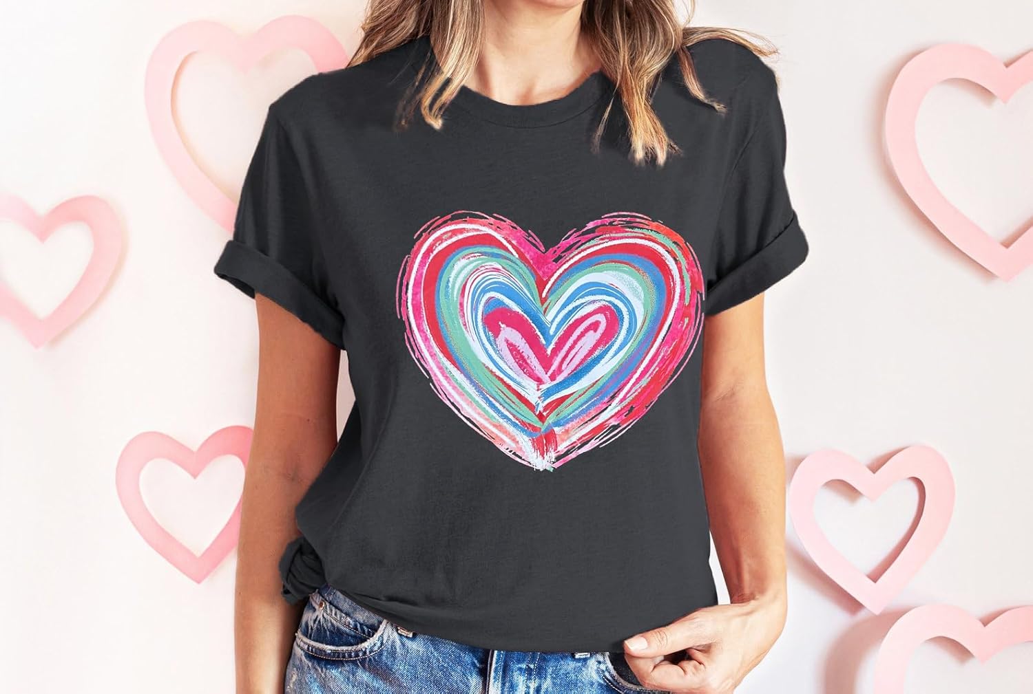 Tie Dye Heart Graphic T Shirt Women Valentines Shirt Funny Loving Heart Pattern Short Sleeve Tops - Image 2