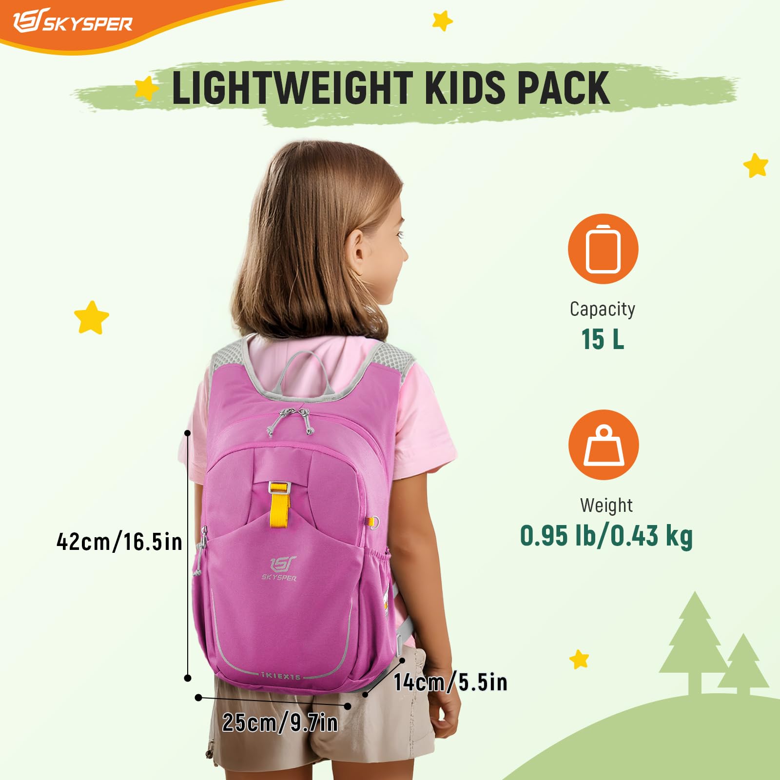 SKYSPER Wanderrucksack Kinder 15L, Rucksack Kinder für 7-14 Jährige Jungen & Mädchen in Geeignet zum Wandern, für Outdoor-Aktivitäten oder zum Campen
