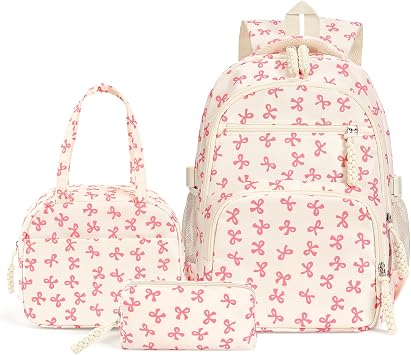 TIAASTAP Aesthetic School Bag for Girls Cute Backpack Sets Preppy School Backpack Kawaii Girls Rucksack for Teenage Secondary Primary Middle School A01 Bow Pink