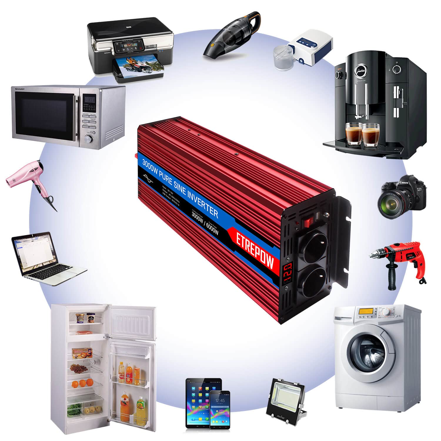 Inversor 24V 220v Onda Pura 3000W /6000W Convertidor de Voltaje con 2 Tomas UE y un USB de 2,1A, Mando a Distancia Inalámbrico
