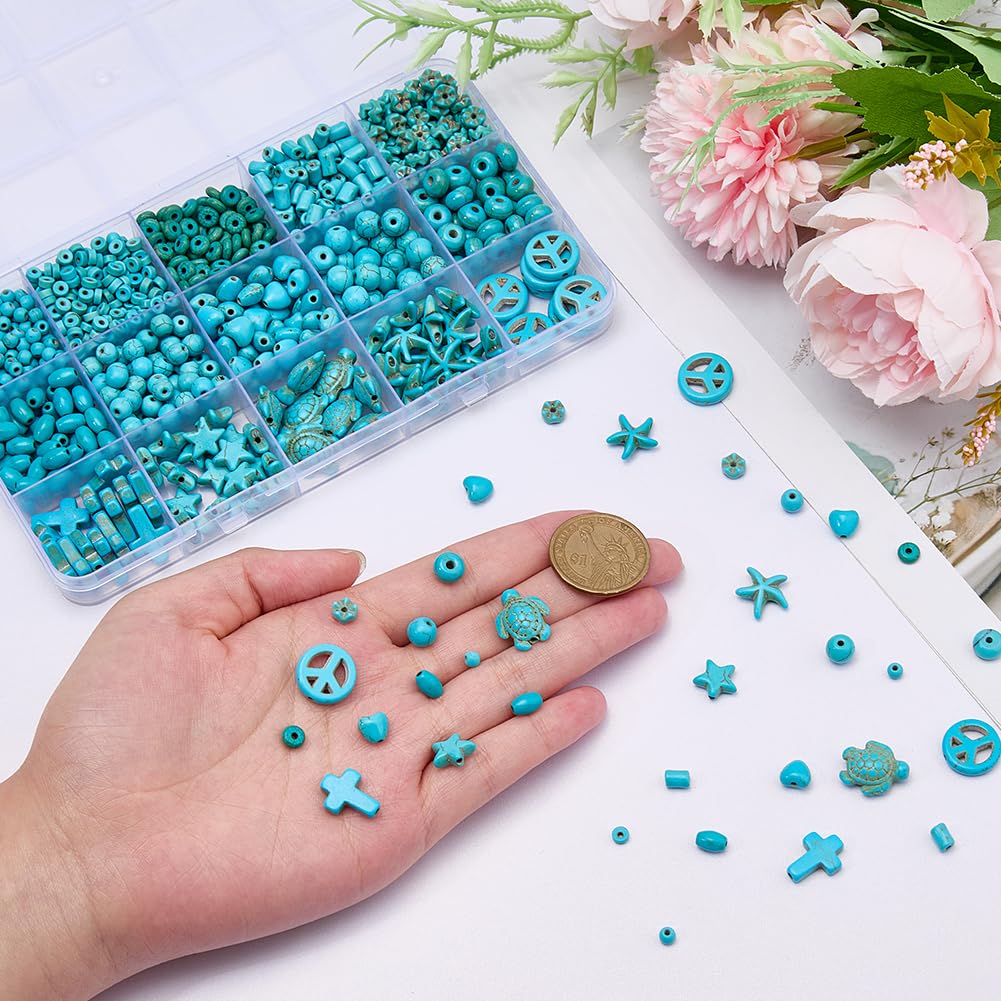 SUPERFINDINGS 4055 Stücke 15 Stile Türkisperlen 4~18mm Boho Meeresschildkröte Kreuz Scheibe Türkissteinperlen Natürliche Türkissteinperlen für DIY Handwerk Armband Halskette Schmuckherstellung