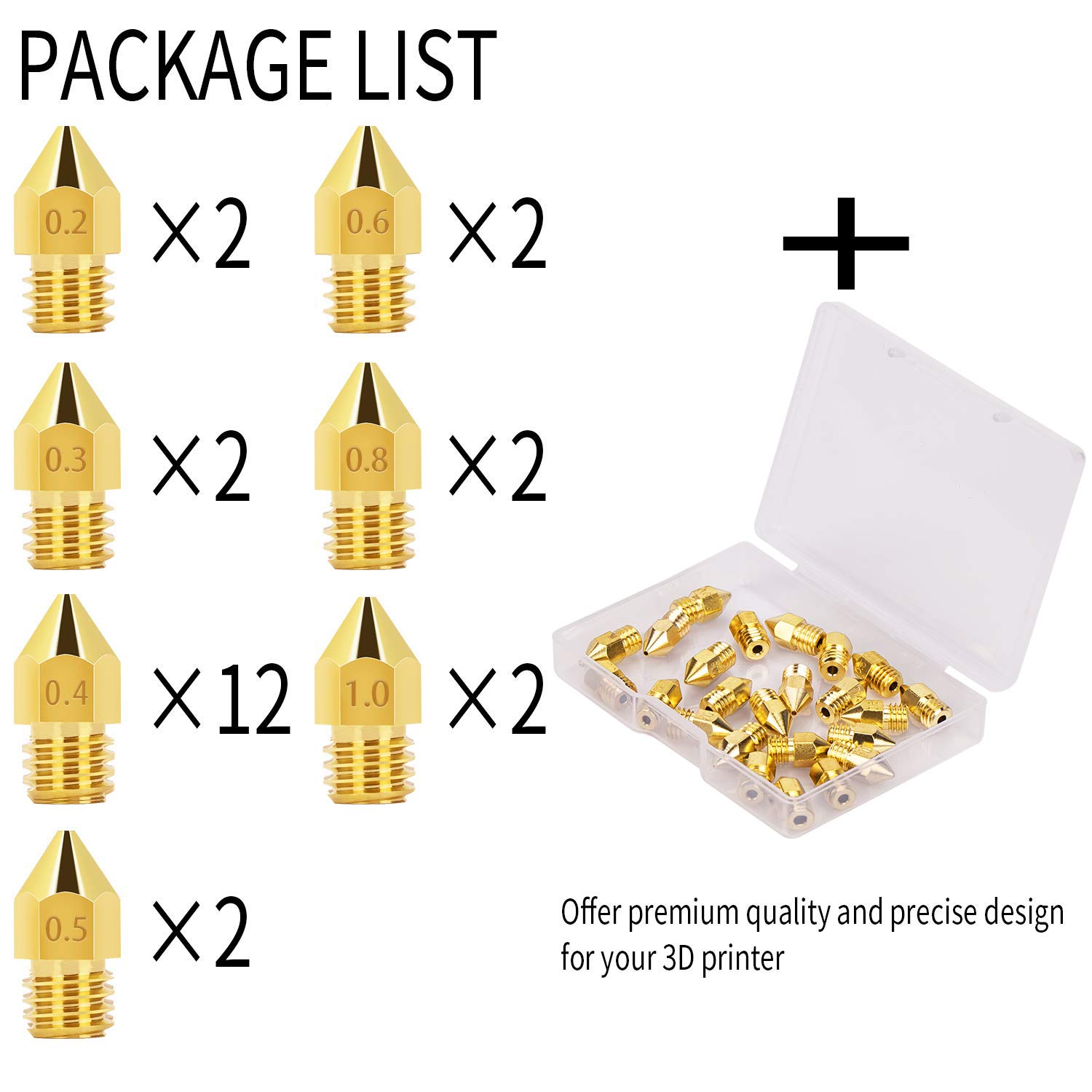 LUTER 24PCS Extruder Nozzles 3D Printer Nozzles for MK8 0.2mm, 0.3mm, 0.4mm, 0.5mm, 0.6mm, 0.8mm, 1.0mm with Free Storage Box for Makerbot Creality CR-10 Ender 3 5