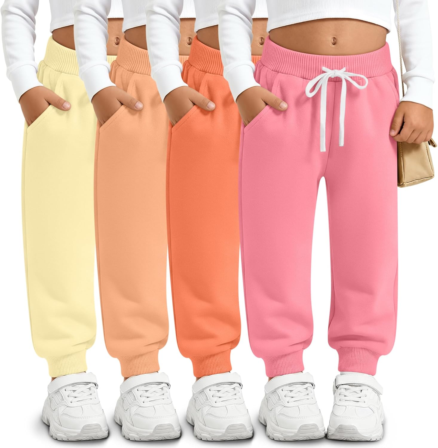 4 Pack Girls and Toddler Sweatpants Kids Athletic Spring Joggers Girls Summer Pull on Pants with Drawstring Pockets