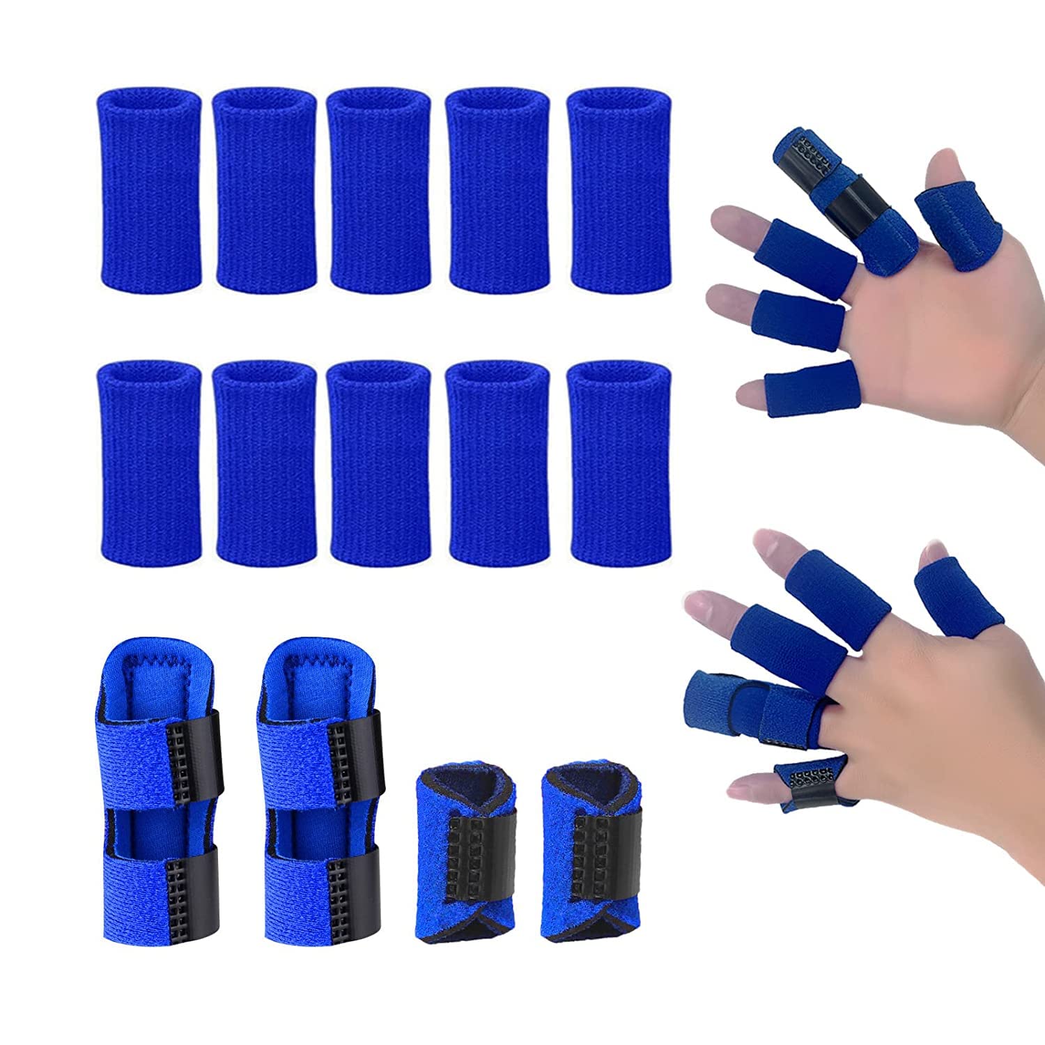 Finger Support Splints, Adjustable Set of 4 Trigger Finger Splint and 10 Nylon Finger Sleeves for Pain Relief (Blue)