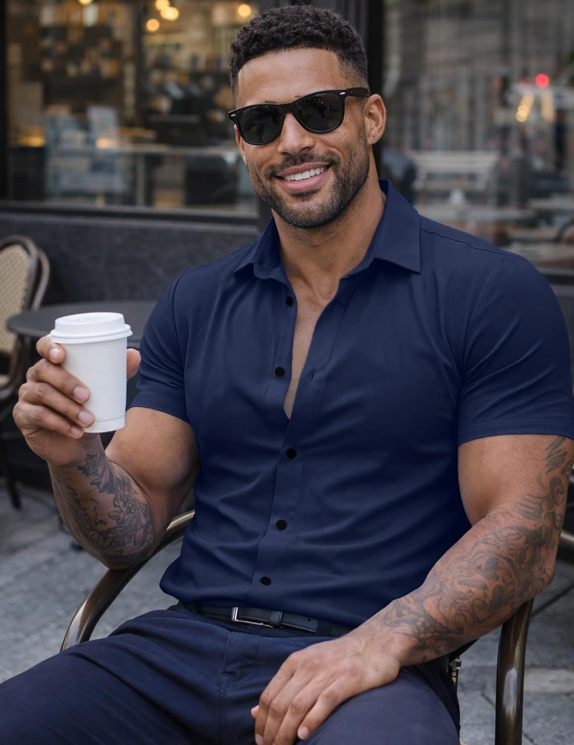 Mens Muscle Fit Casual Dress Shirts Short Sleeve Wrinkle-Free Button Down Shirt - Image 4