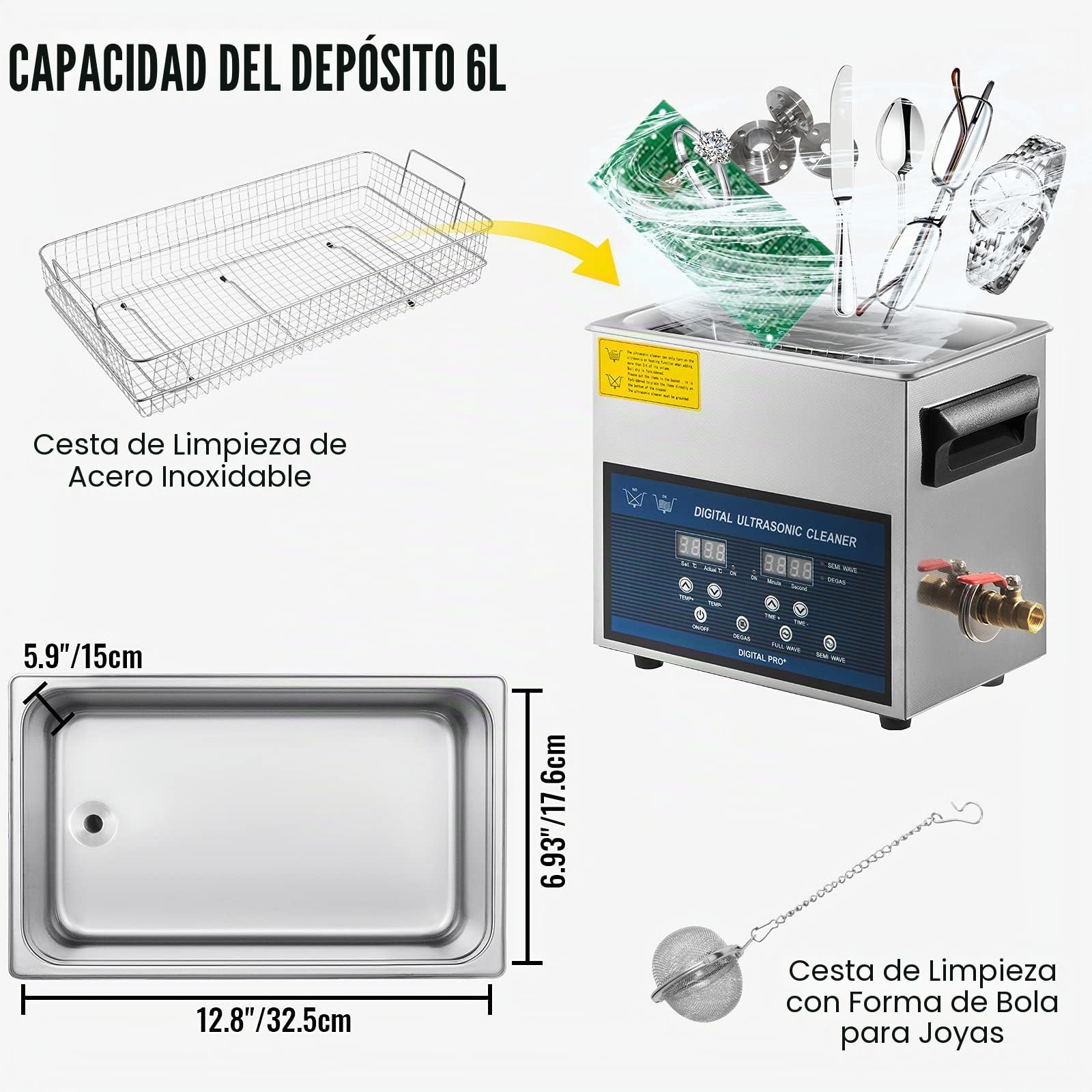 VEVOR Limpiador ultrasónico 6L Limpiador ultrasónico profesional de doble frecuencia 28/40KHZ aparato de limpieza ultrasónico con tanque de acero inoxidable para joyas, gafas, reloj de dientes