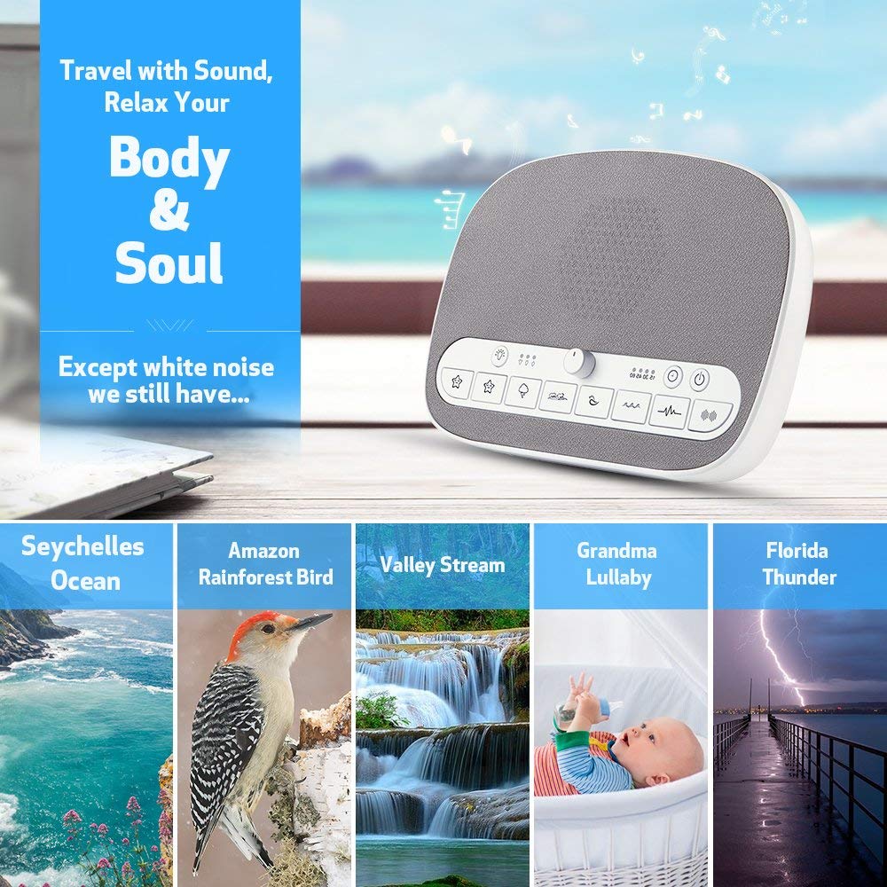 Collage of images representing the 8 natural sounds: Seychelles Ocean, Amazon Rainforest Bird, Valley Stream, Grandma Lullaby, Florida Thunder, White Noise, Brown Noise