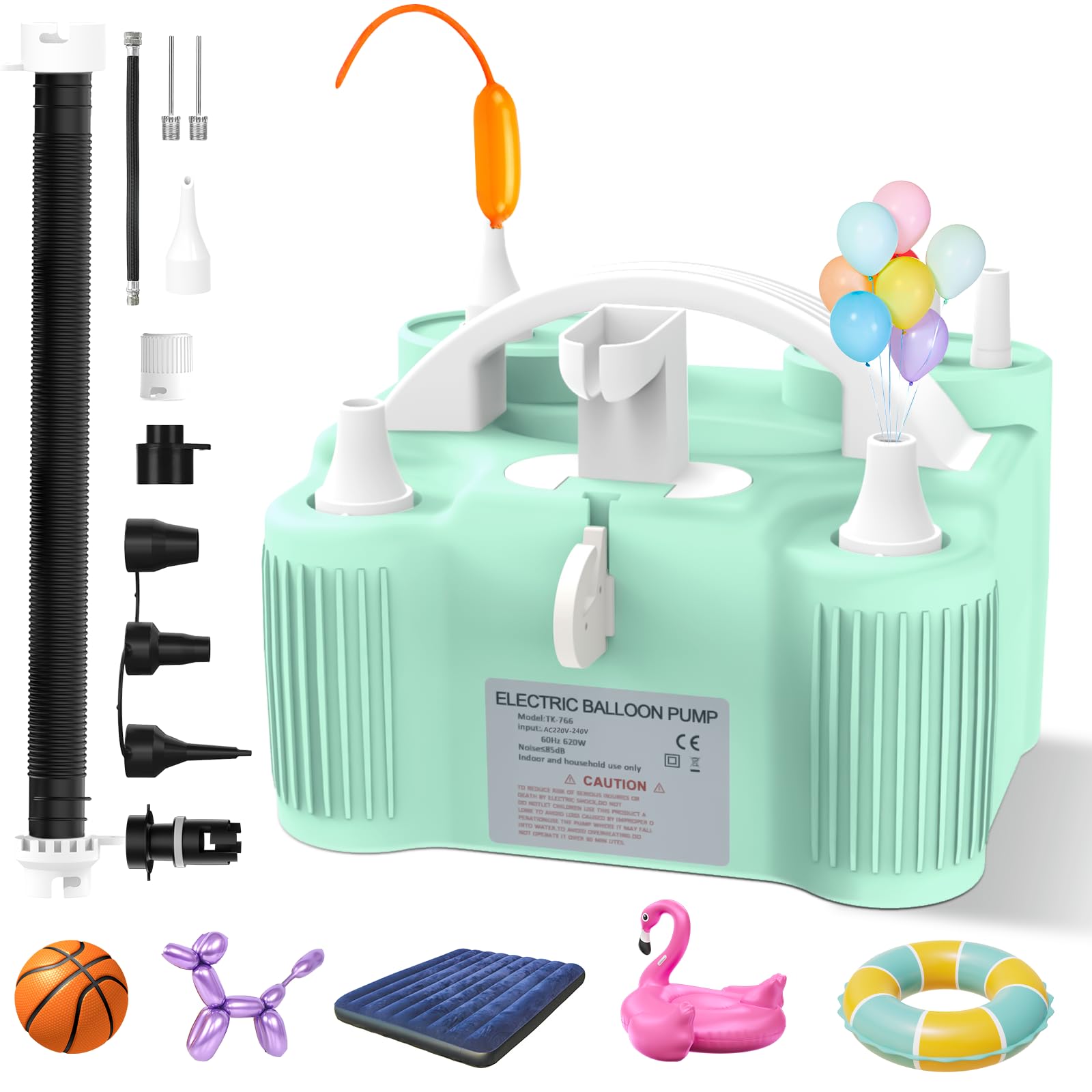 PlusFive 4-in-1 Pompa Aria Elettrica, Pompa per Palloncini Elettrica Multifunzione con Doppio Motore 11 Ugelli per Gonfiaggio/Deflusso di Palloncini Modellanti,Palloni Sportivi,Materassi Gonfiabili