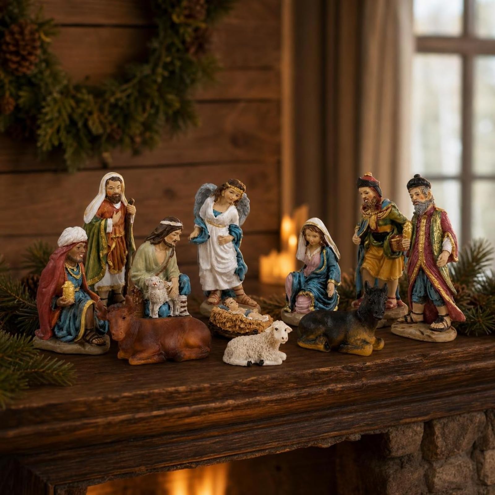 1s Crèche de Figurines Résine Scène Nativité Personnages Animaux Décor Aspect Sculptées Mise en Scène Stable Adapté aux Fêtes d'Année Cheminée Table Salon, Bronze