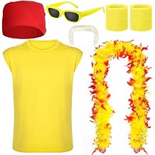 6 Pcs Halloween Wrestler Costume Set Include Yellow Sleeveless T-shirt 6ft Feather Boa Mustache