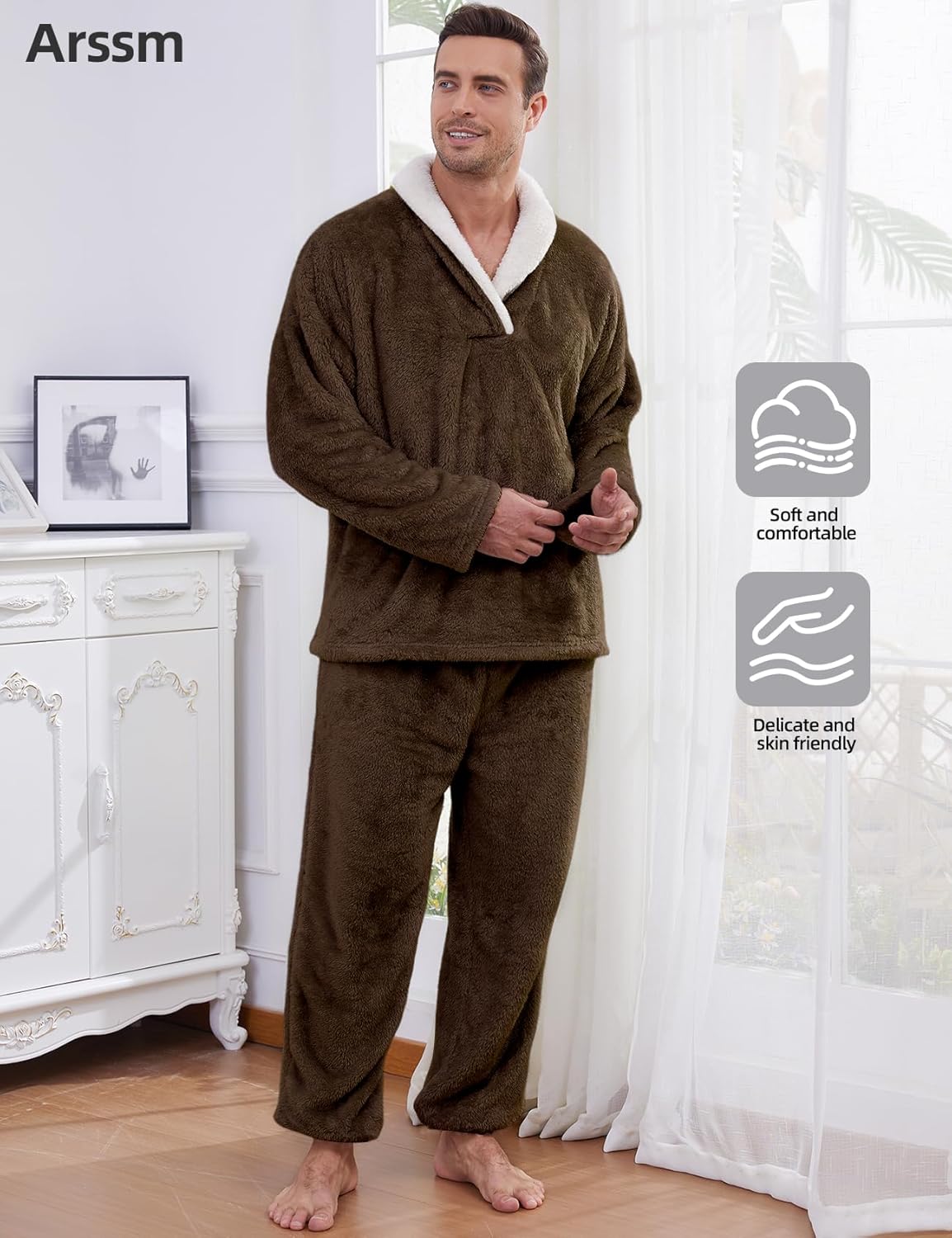 Arssm Mens Fluffy Pajamas Set 2 Piece Fleece Pjs Loose Plush Winter Warm Cozy Loungewear Sleepwear - Image 2