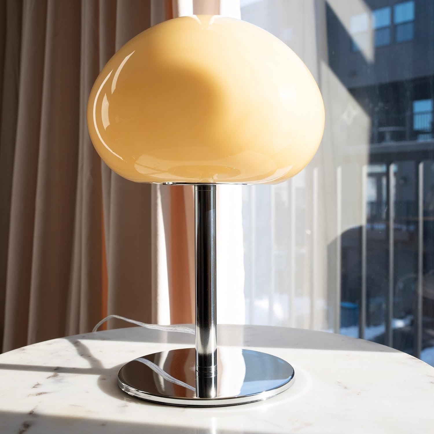 Gumdrop Cream Glass Mushroom Table Lamp, 13.5” Dimmable Bedside Lamp with Chrome Base for Bedroom, Living Room, Modern Aesthetic Home Décor