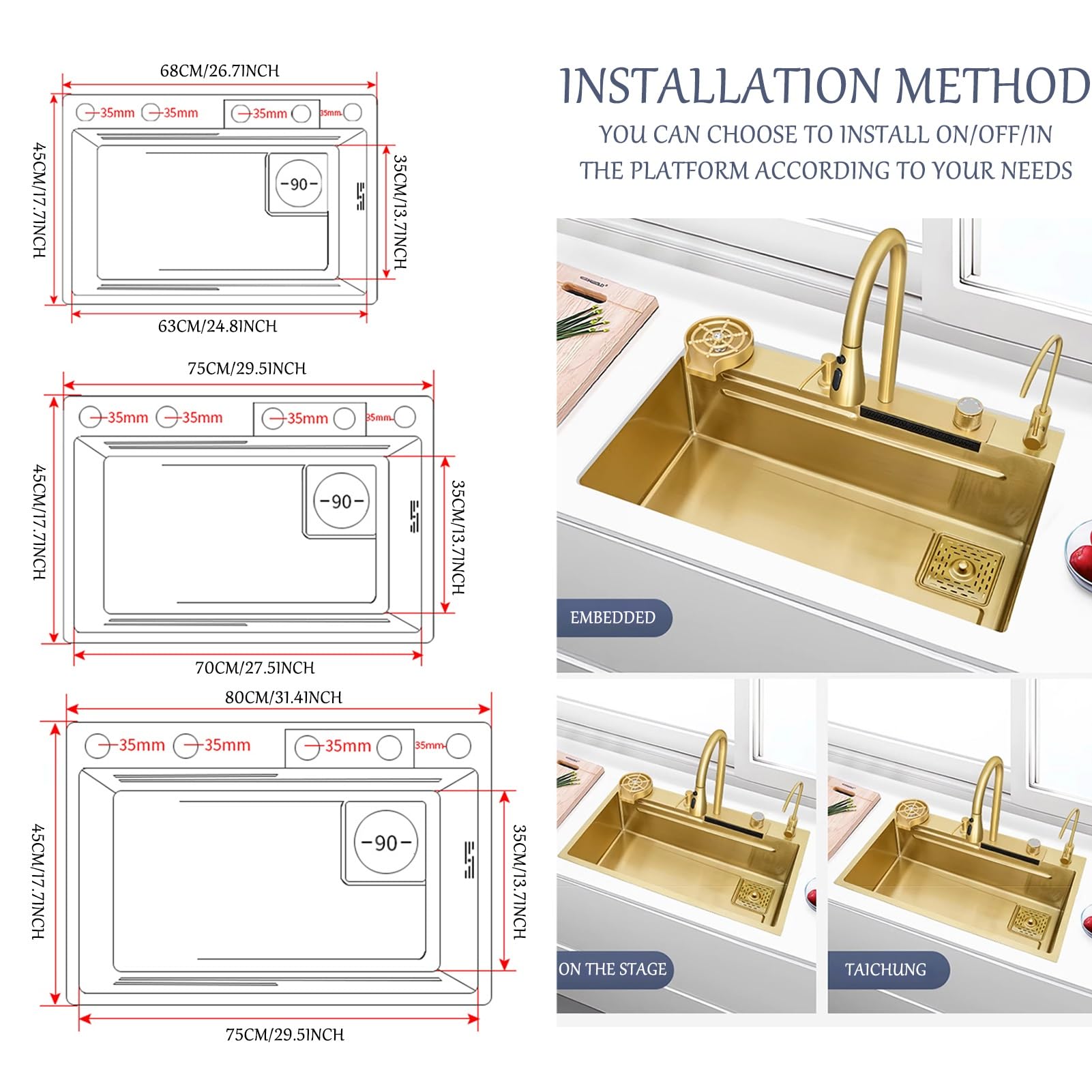 Fregadero de cascada dorada, fregadero de cocina multifuncional 304 fregadero de acero inoxidable, fregadero con grifo multifuncional dorado y otros accesorios (Color : Gold, S : 75x45cm)