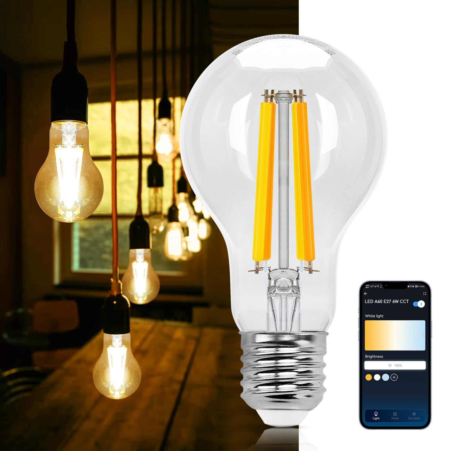 Aigostar Lampadine Smart WiFi E27 Alexa Lampadine Vintage A60 6W Edison Lampadina WiFi Dimmerabile 2700K-6500K, Controllo Remoto tramite APP, Compatibile Con Alexa, Google Home, Trasparente 1 Unità