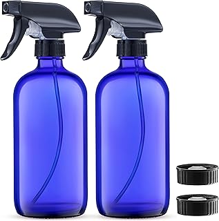 Glass Spray Bottles Blue Cobalt - 2 Pack 16 Oz Refillable Glass Sprayer Container with Durable Leakproof Trigger Sprayer with Mist/Stream/Lock for Hair, Cleaning Products, Essential Oils, Aromatherapy, Water