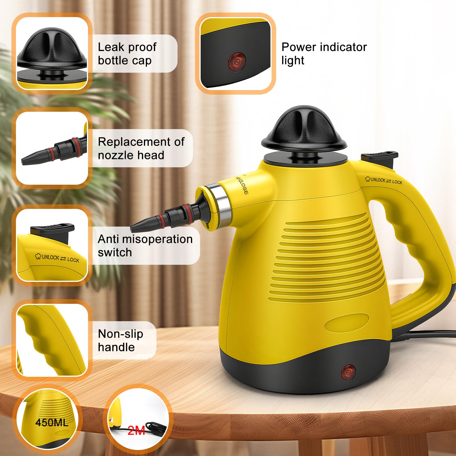 Nettoyeur Vapeur 1050W, 135 ℃ Nettoyeur vapeur réservoir d'eau 450 ml