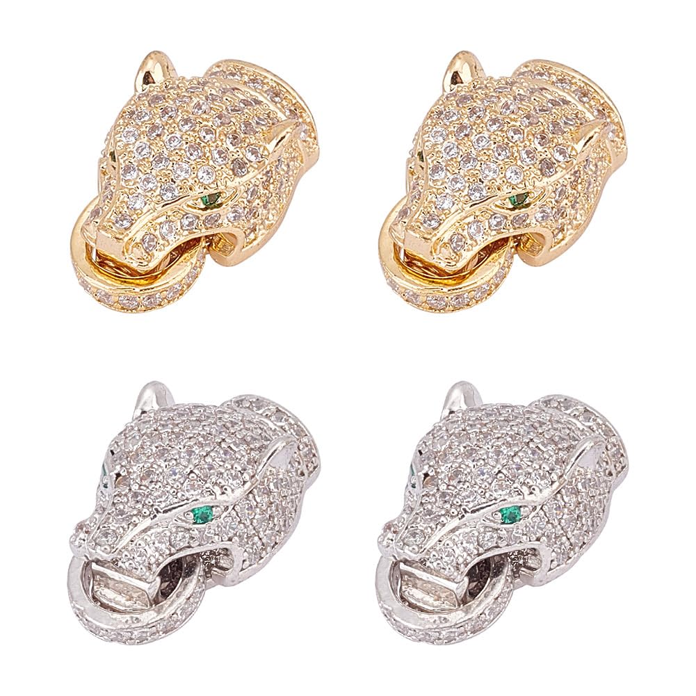 arricraft 4 Sets Leopard Head Fold Over Clasps, 19mm Micro Pave Cubic Zirconia Foldover Extension Clasp Brass Rhinestone Necklace Bracelet Extender for Jewelry Making (Platinum, Golden)