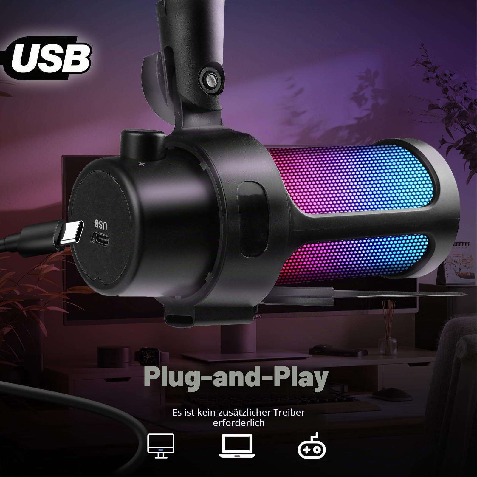 VCOM Gaming Mikrofon mit Arm, USB Microphone Kit mit RGB Modi, Mute, Pop-Filter, PC Mikrofon für Podcast, Streaming, Studio, Plug & Play, Standmikrofon für Mac, PS4, PS5, YouTube