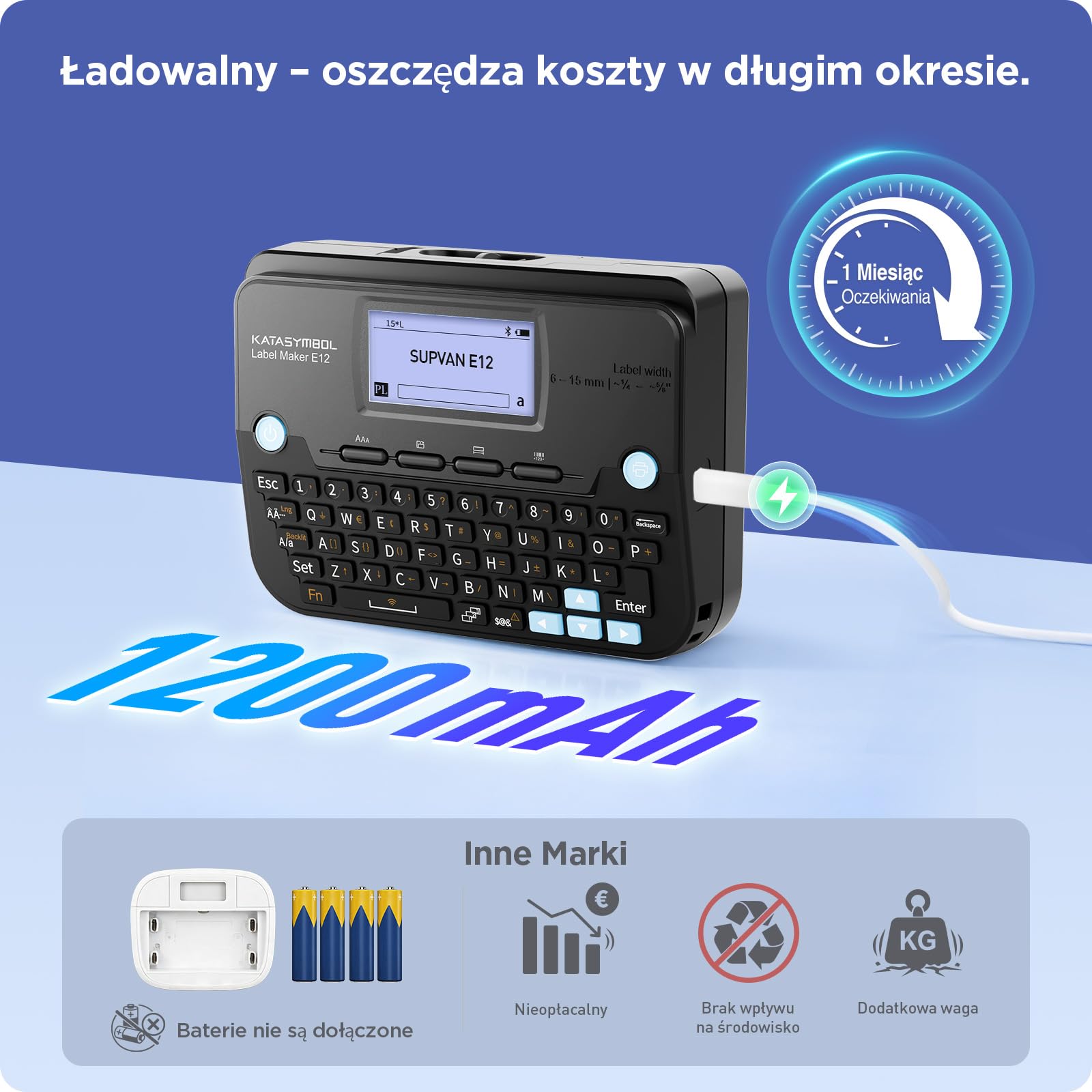 SUPVAN E12 Drukarka Etykiet Z Klawiaturą QWERTY & 4 Rolki Etykiet, Czarna | Aplikacja z 660+ Ikonami, 50+ Ramkami & 30+ Czcionkami, Akumulator 1200mAh, Podświetlany Wyświetlacz, do Szkoły, Biura & Domu