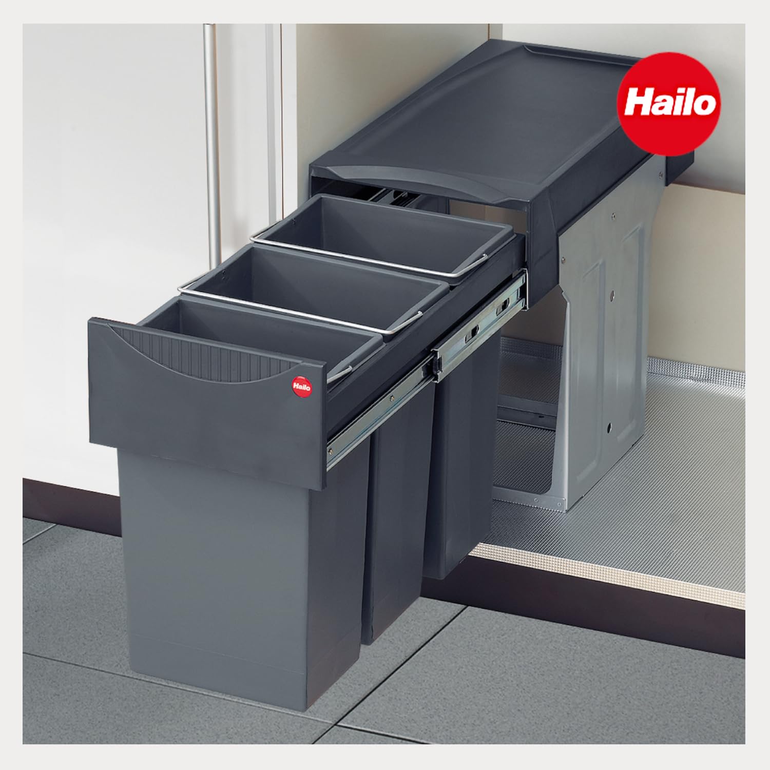 Hailo Abfallsammler Tandem 3666131 | für Schränke ab 30 cm Schrankbreite mit Drehtür | Einbau Mülleimer 3x 10L | Vollauszug 3fach auf Teleskopschienen | Anthrazit