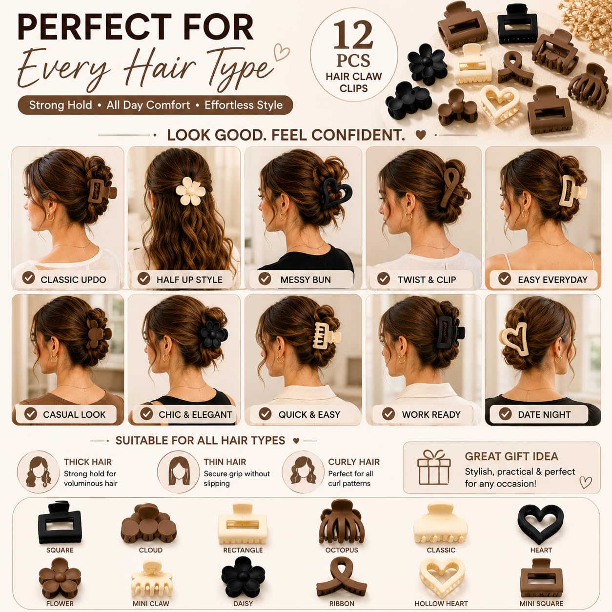 12 Pcs Small Matte Hair Claw Clips, Mini Clips for Girls Women - | Mini Non-Slip Hair Clutcher Clamps with Strong Hold for Thick & Thin Hair | Cute Korean Neutral Color Hair Accessories 1