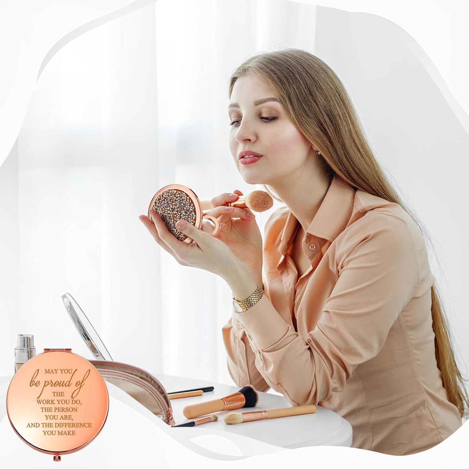 Unittype 10 Pcs Inspirational Compact Mirror for Women Thank You Gifts Bulk Travel Pocket Mirror Appreciation Gift for Women Employee Emergency Nurses Week Gifts (Rose Gold)