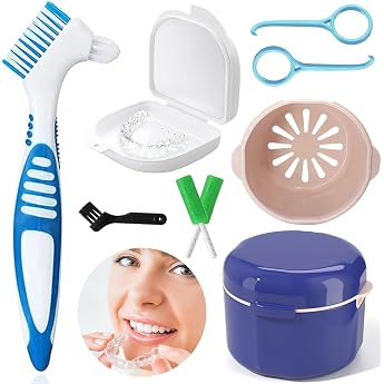 Denture Brush Set Denture Container Dentures Bath Box Denture Box with Mirror with 2 x Aligner Removal Tool for 2 Aligner Chewies Braces or Dentures Cleaning and Storing