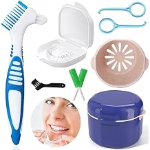 Denture Box Set, Retainer Case Denture Bath Cleaning kit, Denture Box with Mirror, with 2 Aligner Removal Tool, Chewies and Denture Brush for Braces Or Dentures Cleaning Storage for Travel