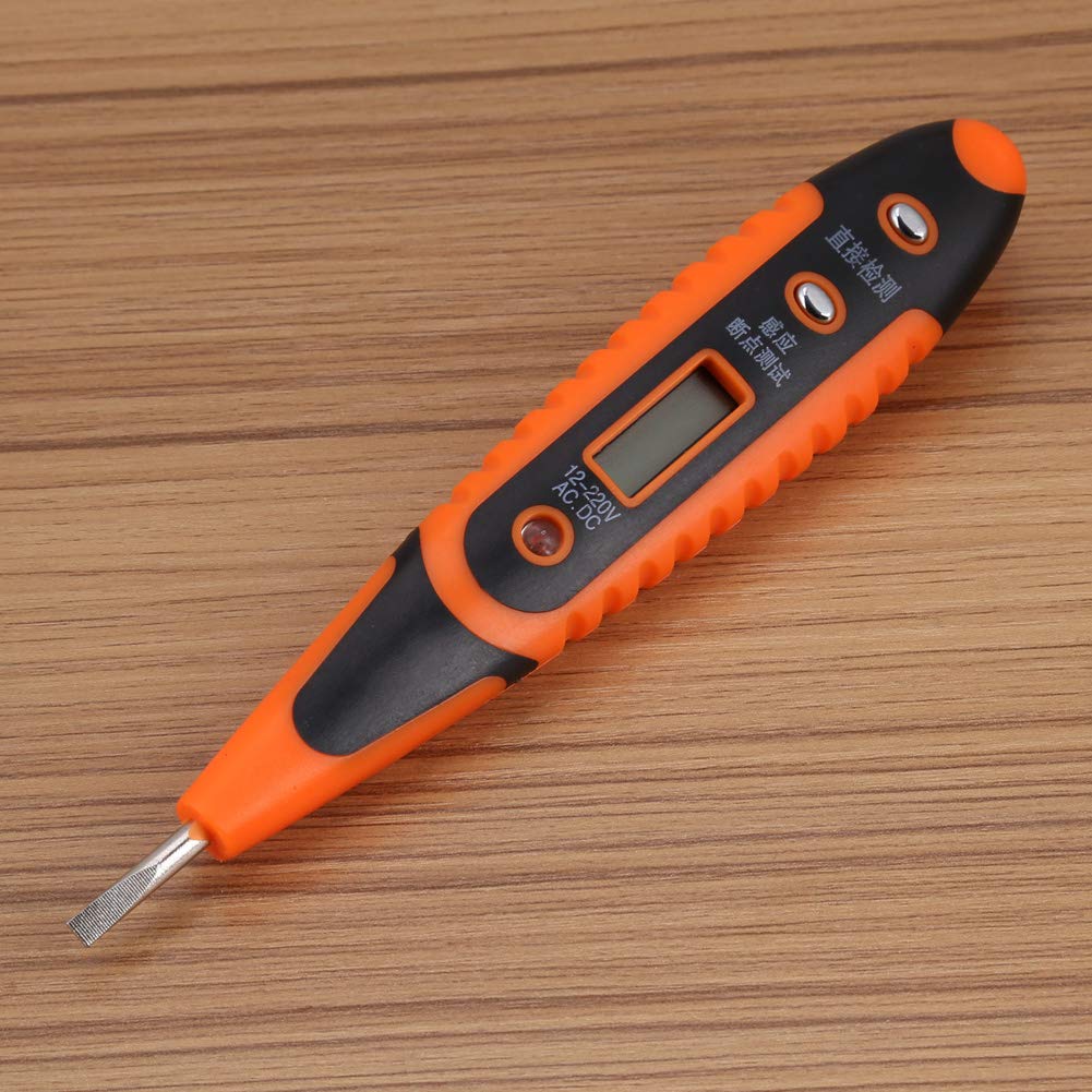 AC/DC 12-220V Digital Voltage Tester Pen – LED Display, Non-Contact Or Contact, Self-Test & Wire Fault Detection, Carbon Steel Tip – Insulated, Pocket-Sized