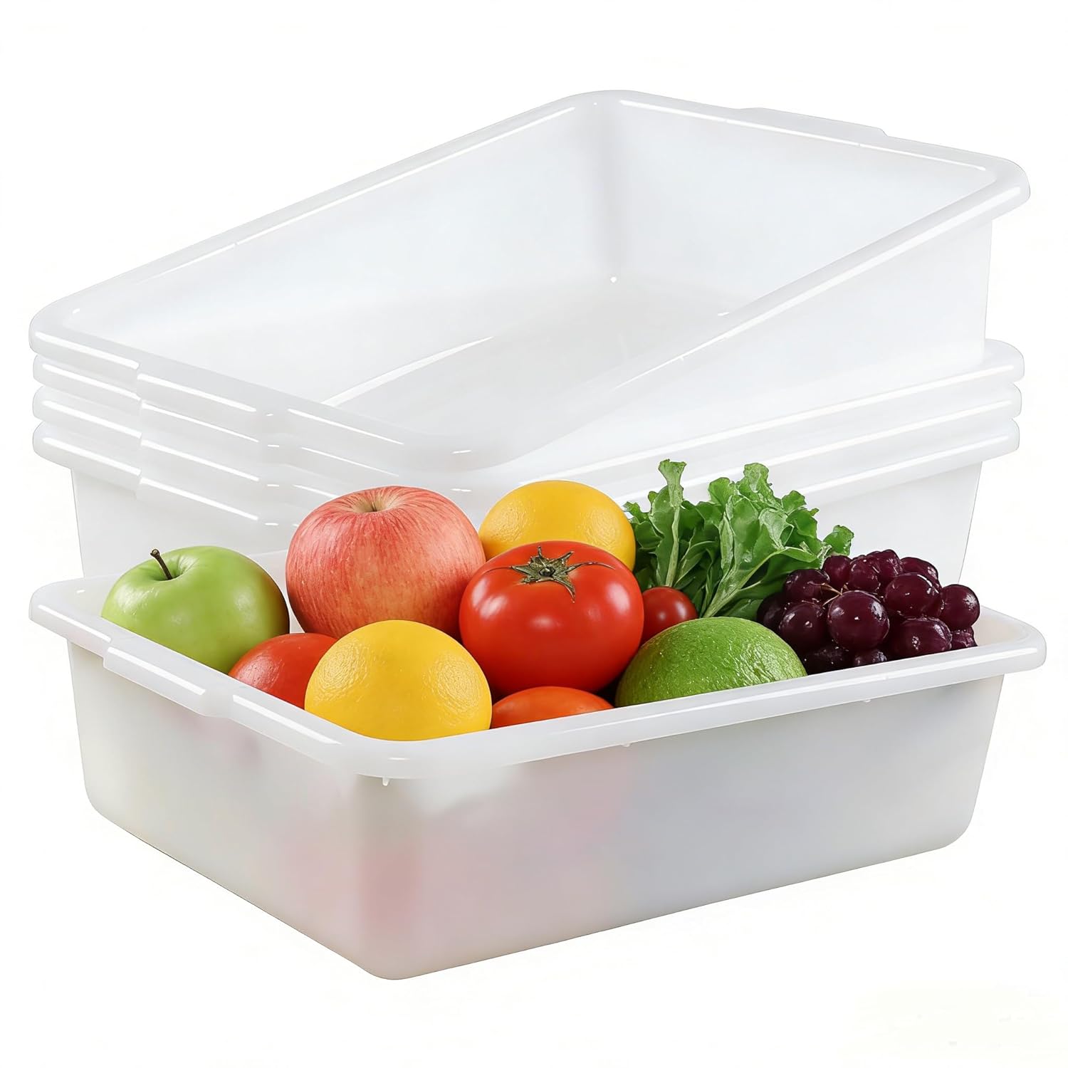 4-Pack Commercial Bus Tubs Box/Tote Box, White Plastic Storage Bin/Wash Basin, Meat Processing Tubs (25 Liter)