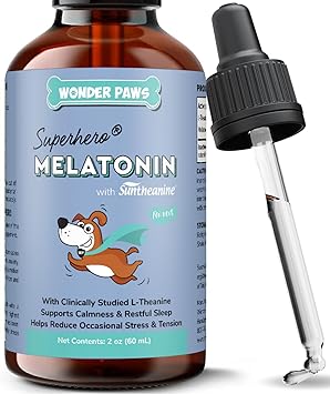 Wonder Paws Melatonin for Dogs with L-Theanine Suntheanine Occasional Anxiety Relief for Dogs, Stress, Calming, Relaxation & Sleep Support Liquid Dog Melatonin 2oz 60ml