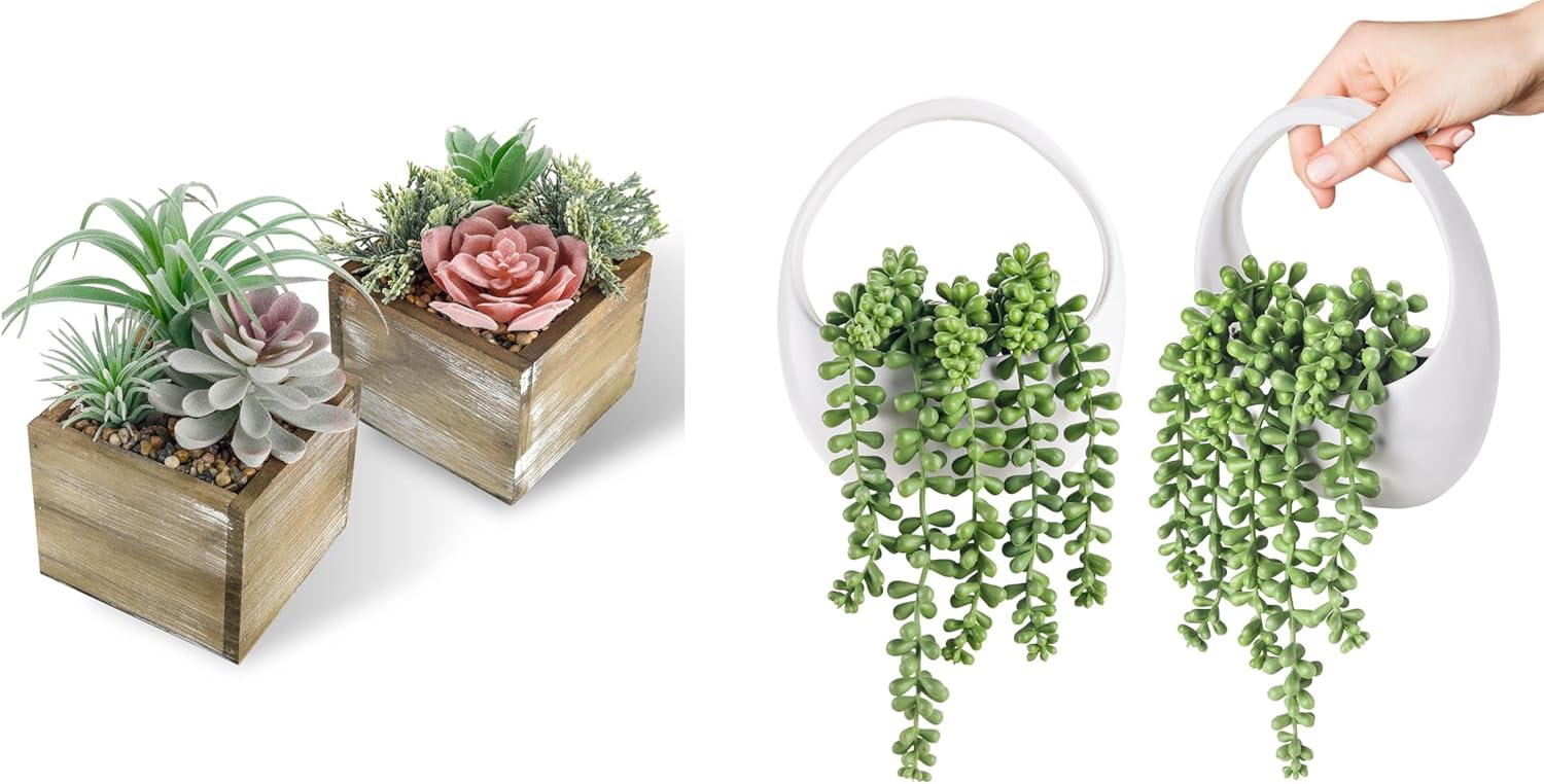 Der Rose Bundle of 2 Packs Fake Hanging Plants and Set of 2 Fake Plants Succulents Plants for Boho Wall Decor
