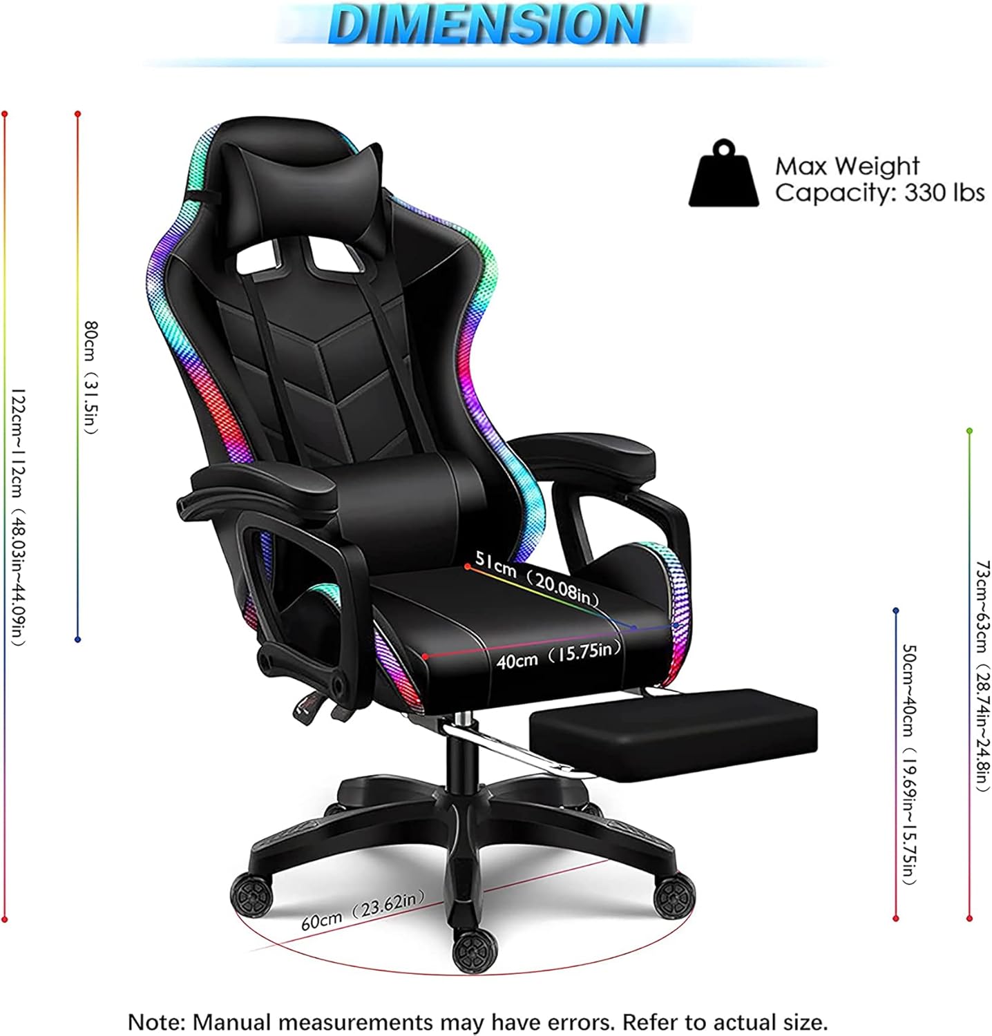 RGB Gaming Chair with Speakers and LED Light, Ergonomic 7 Points Massage Video Game Chair, High Back Recliner Chair, PU Leather Computer Chair with Headrest & Lumbar Support,White