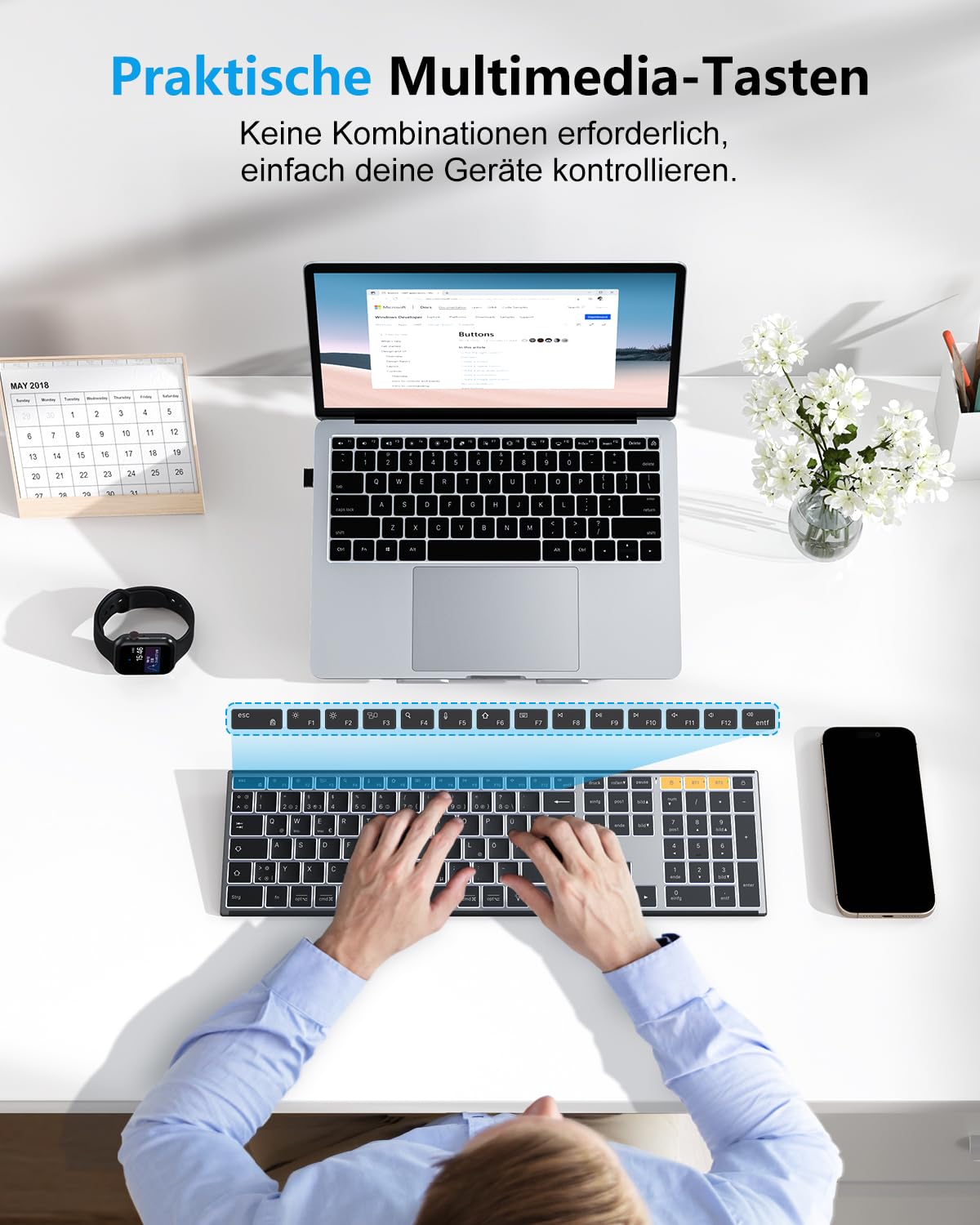OMOTON Kabellose Tastatur Bluetooth, Metallgehäuse, Deutsches QWERTZ Layout | 2,4G+BT, Beleuchtet, Schlanke Scherenmechanik für Leises Tippen, Wiederaufladbare, für Windows PC/MAC, Büro/Homeoffice
