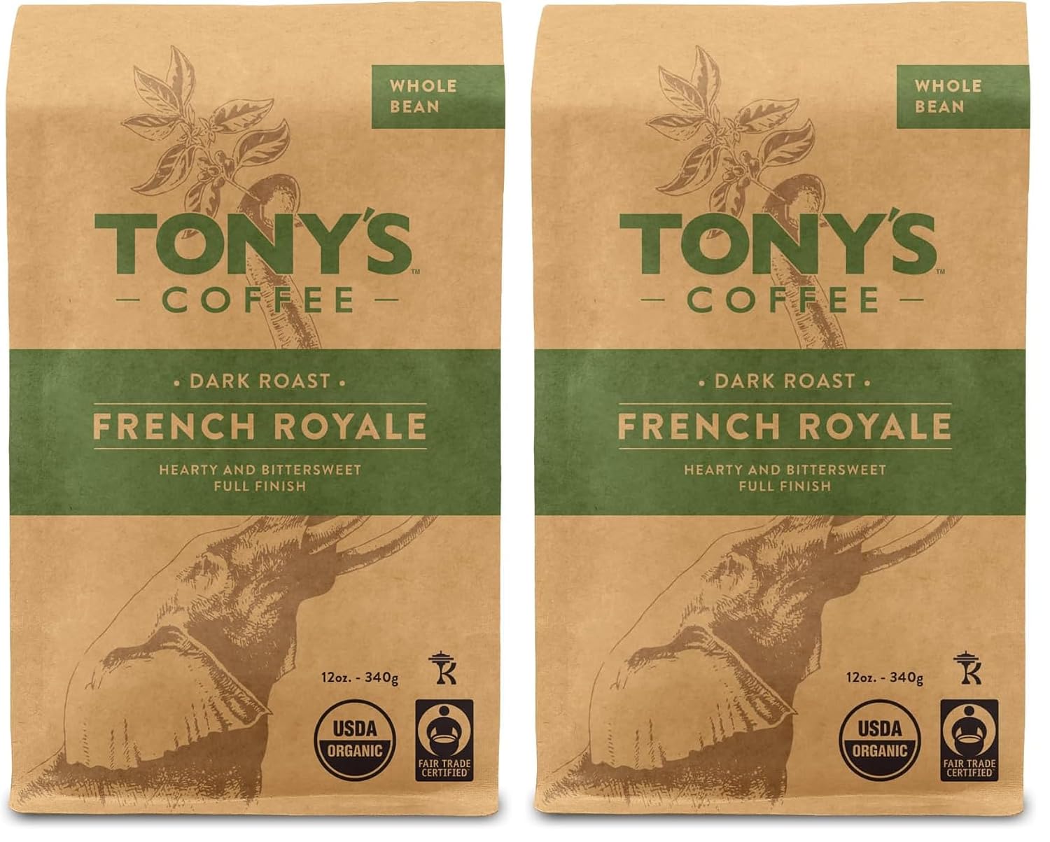 Tony's Coffee, French Royale (12oz), Dark Roast Whole Bean Coffee, Organic and Fair Trade (Pack of 2)