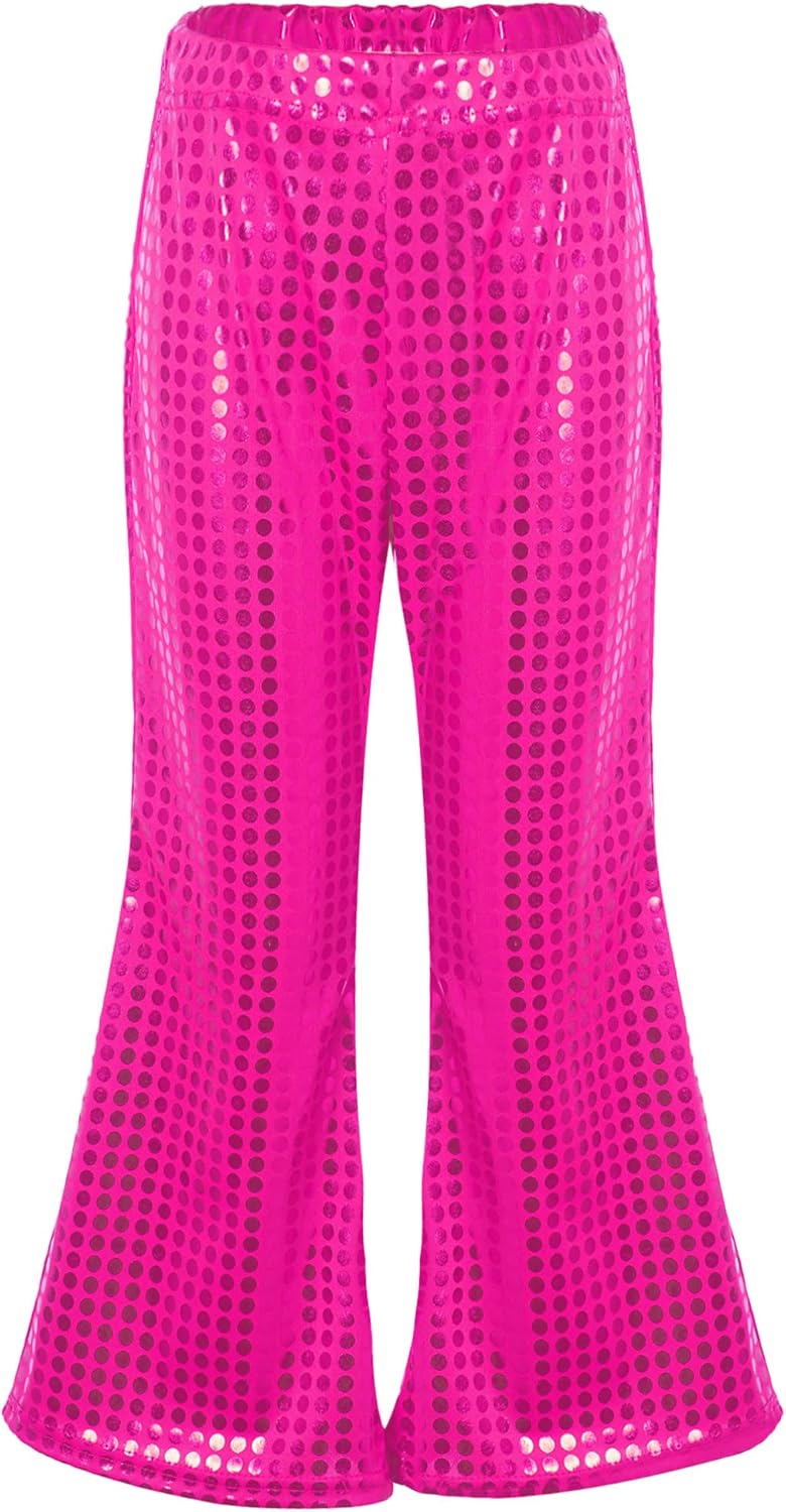 Agoky Kids Girls Sparkly Sequins Dance Pants Wide Leg Bell Bottoms Flared Trousers Hip Hop Jazz Disco Performance Costume