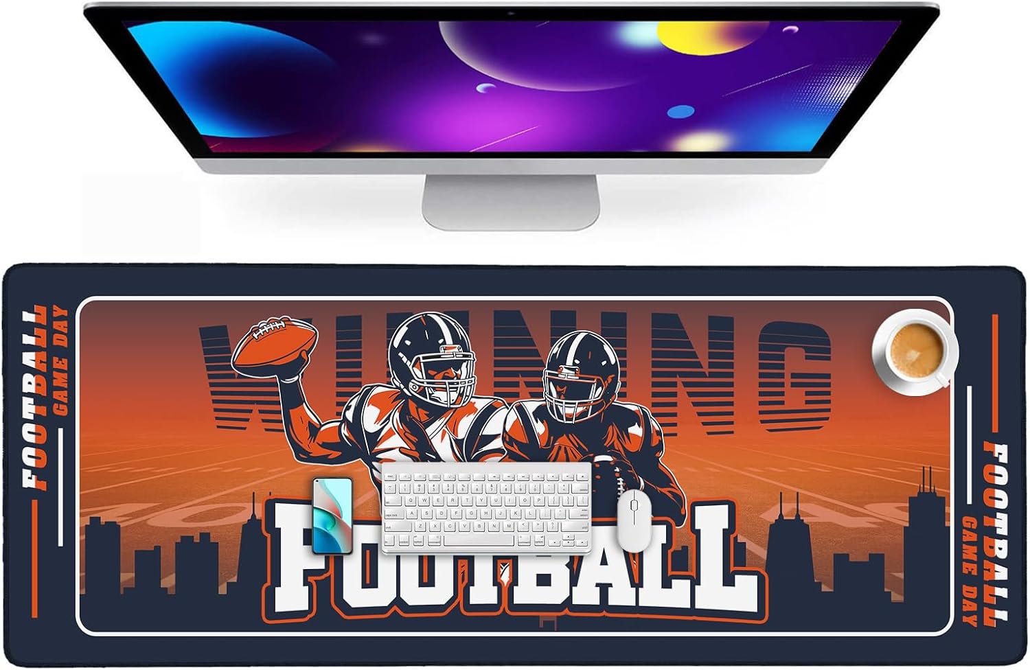 Football Desk Mat, Large Stitched Edges Gaming Mouse Pad, Orange City Design Keyboard Mat for Laptop Computer Desktop - 31.5x12 Inch for Football Fans