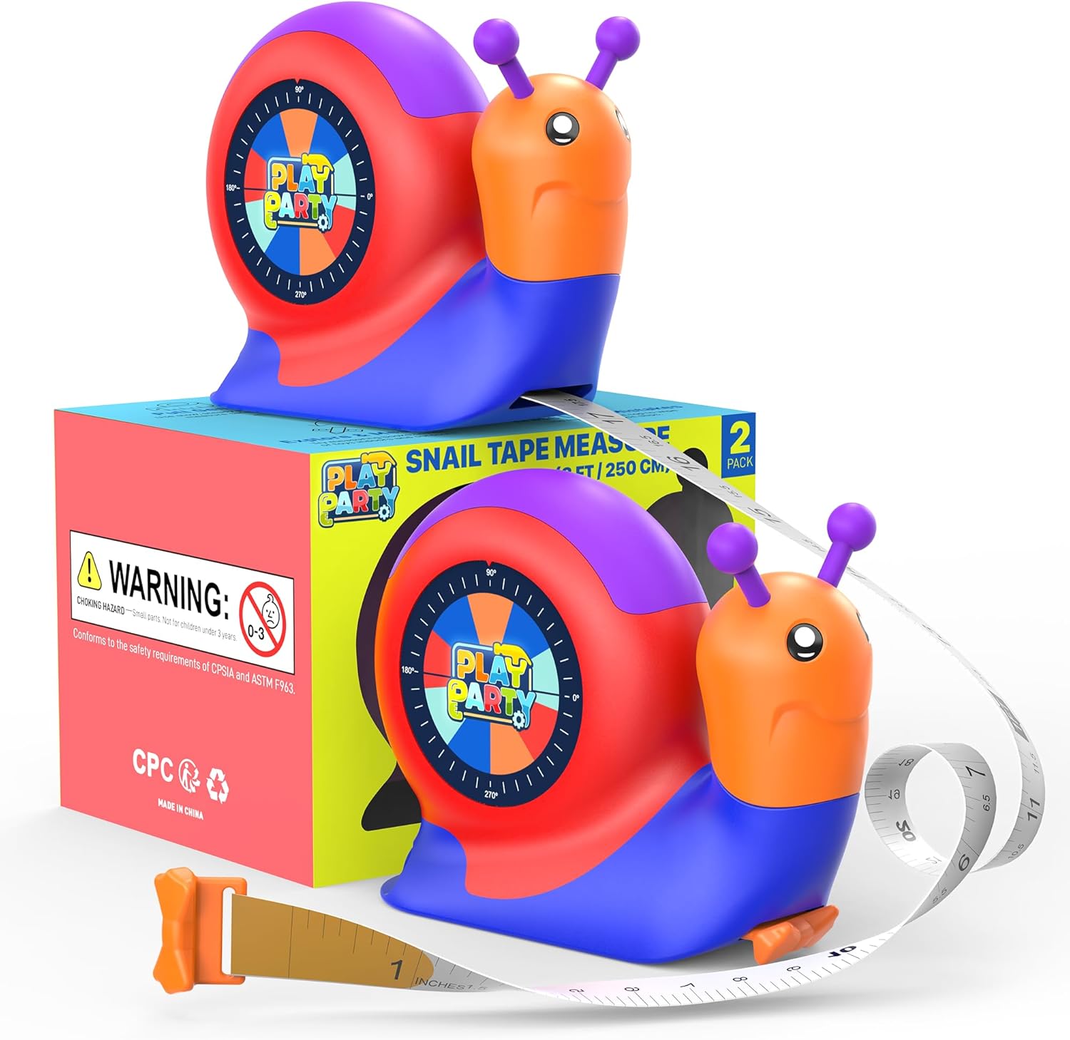 8ft Tape Measure for Kids, STEM Educational Tool with Level, Protractor and Eraser, Retractable Snail Shaped Measuring Tapes, Child-Safe Stocking Stuffers Gift for Boys & Girls 3+, Blue