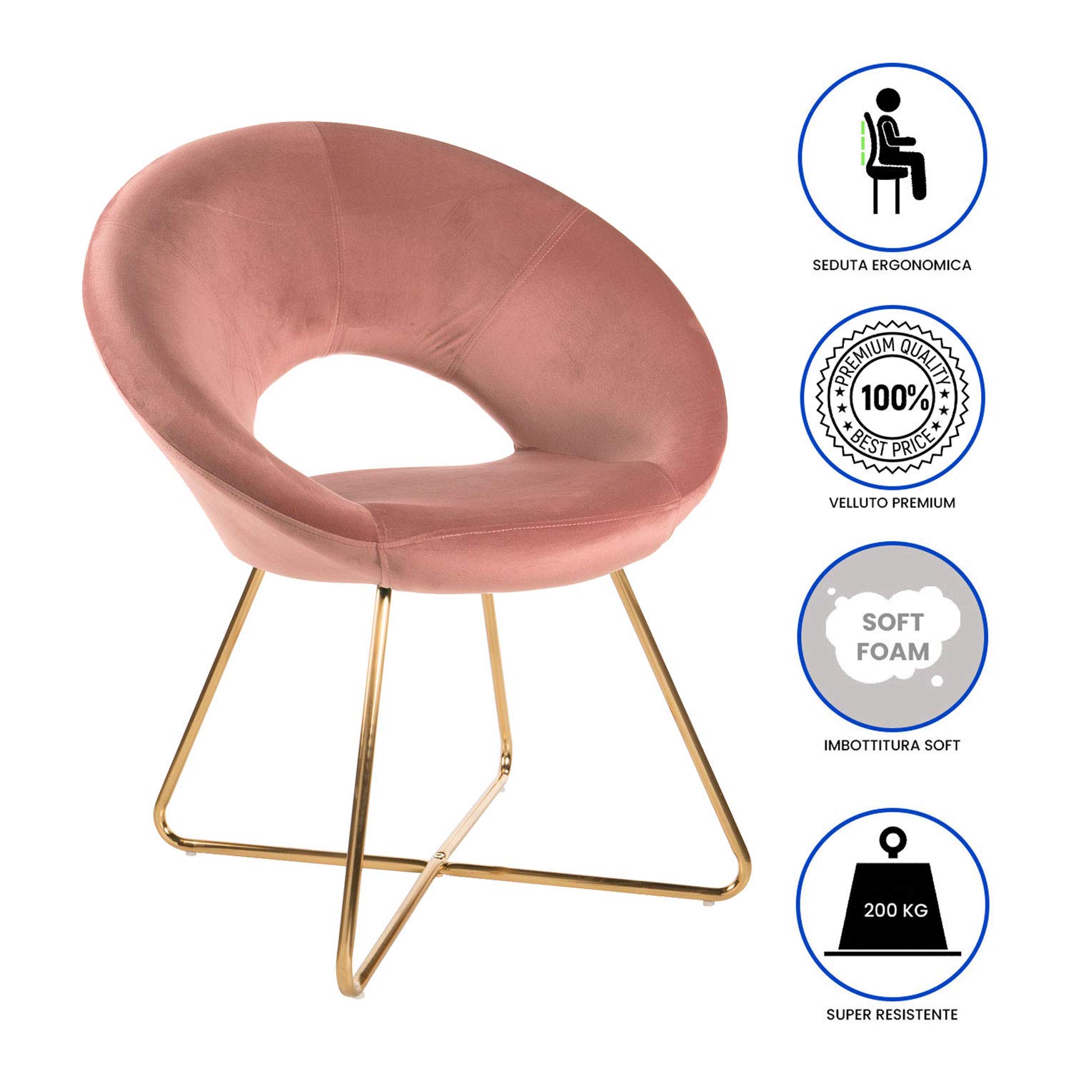 MONTEMAGGI Samt Sessel mit goldenen Beinen, kreisförmig, Bürosessel, Wohnzimmersessel, ergonomische Sitzen, 71 x 59 x 84 cm - Puderrosa