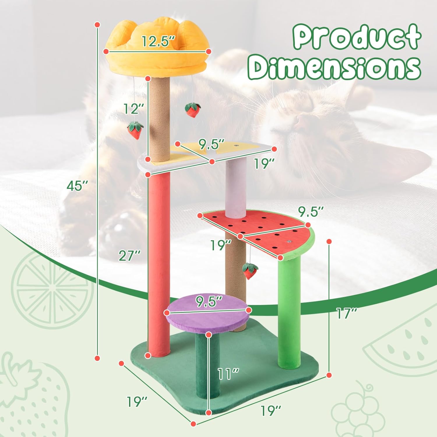 PETSITE 45-inch Cute Cat Tree, Multi-Level Cat Tower with Scratching Posts, Plush Padded Top Perch, Fruit-Shaped Platforms, and Strawberry Dangling Balls, Fruit Cat Tree Tower for Indoor Cats