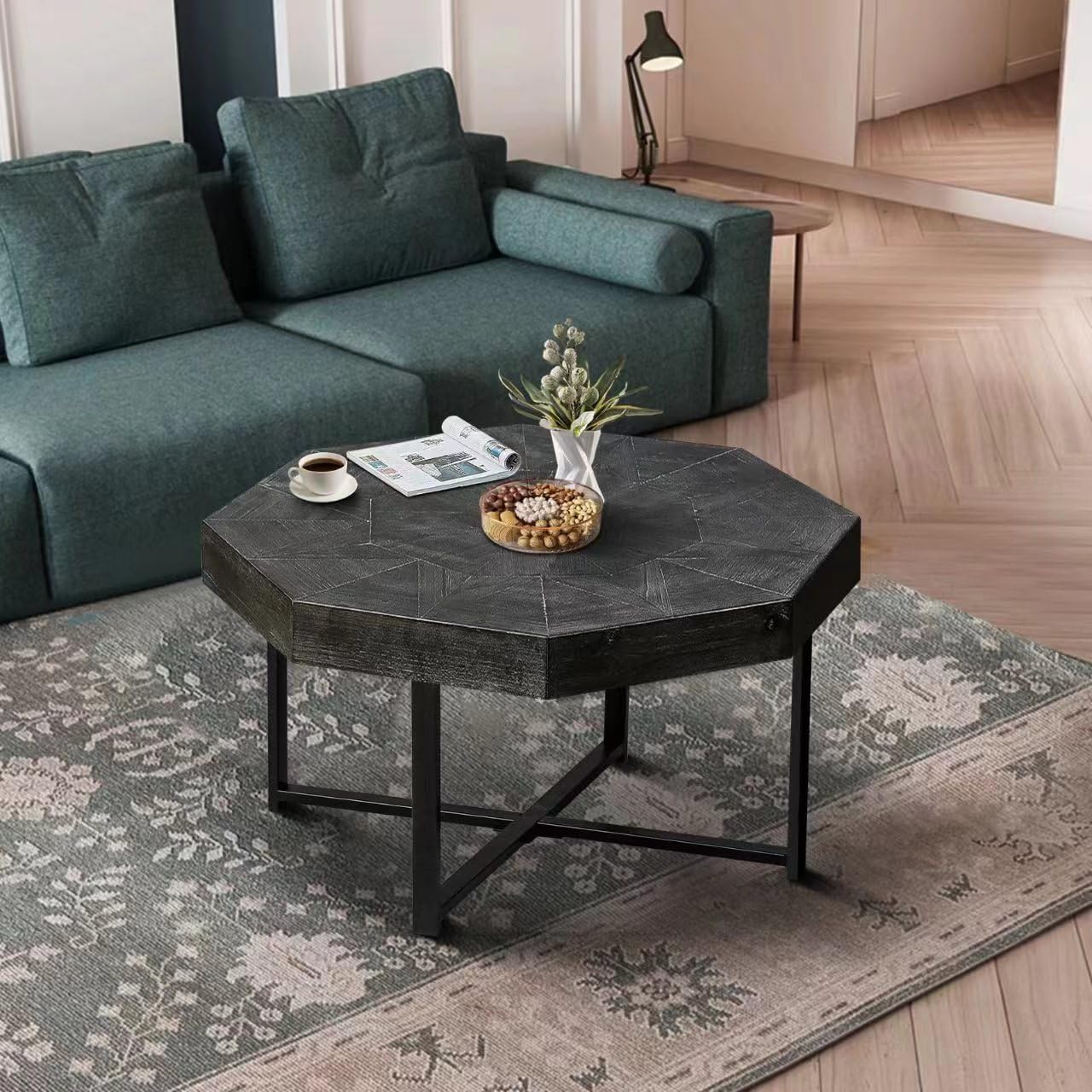 HomVent Wood Octagonal Coffee Table Vintage Farmhouse 30 Inch Wooden Table Top Cross Metal Legs Coffee Table for Living Room (Black)