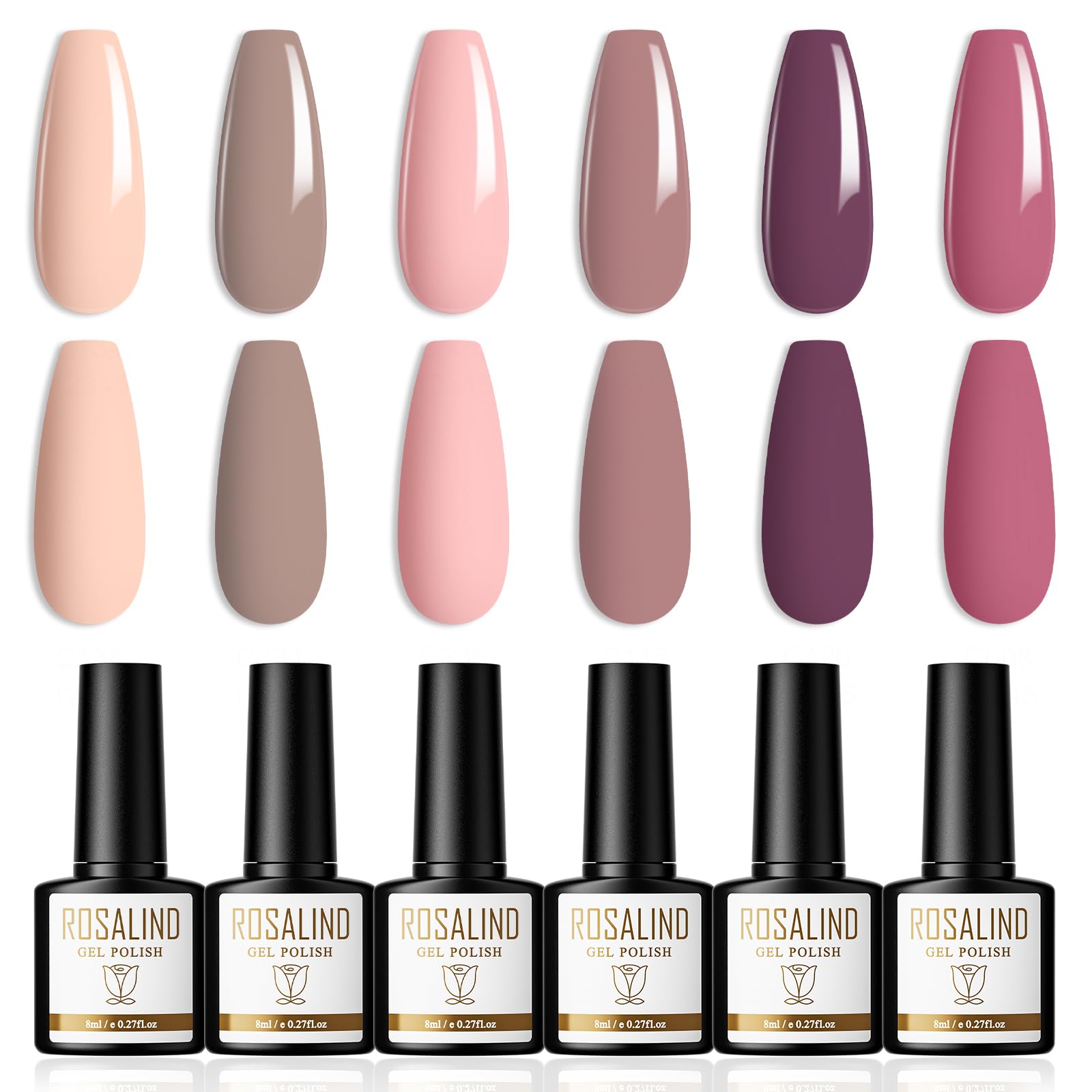 ROSALIND Pintauñas Semipermanentes 6 Colores Esmaltes Semipermanentes Para Uñas UV LED Nude Rosa Púrpura Morado Pintauñas Gel Permanentes Uñas Semipermanentes Soak Off Gel Nail Polish 8ml