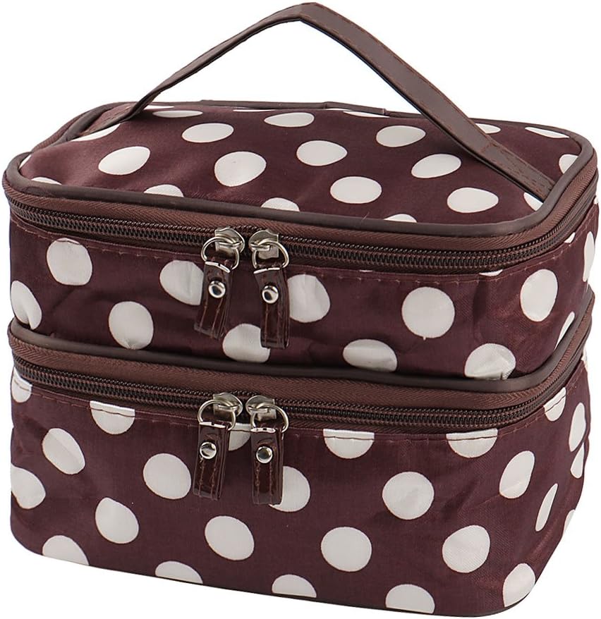 Ruilogod Double Layer Travel Portable Cosmetic Bag Polka Dots Pattern Zipped Toiletry Purse Handbag Makeup Organizer With Mirror (Brown+White Dots) (id: e80 abd 1b9 fb5 206