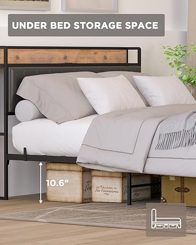 Miniatura 7 de BUCOTOD Base de cama con cabecera de almacenamiento, estación de carga integrada, fácil montaje, sin ruido, diseño antideslizante, resistente y
