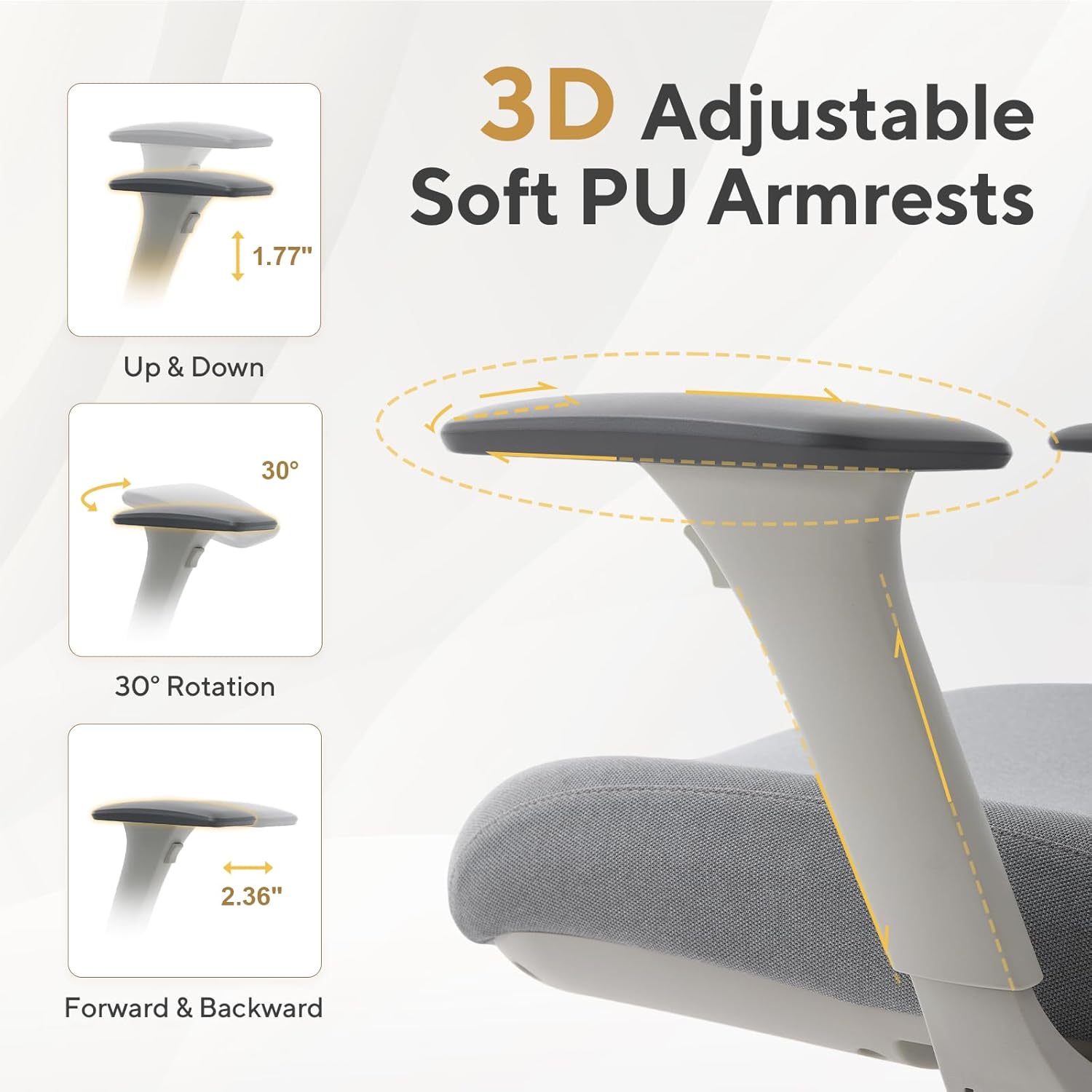 Nouhaus Fluido Ergonomic Office Chair, High Back Mesh Computer Chair w/Height Adjustable Lumbar Support, Backrest & Headrest, Dynamic Back Support, 3D Armrests, Home Office Desk Chairs Comfy (Grey)