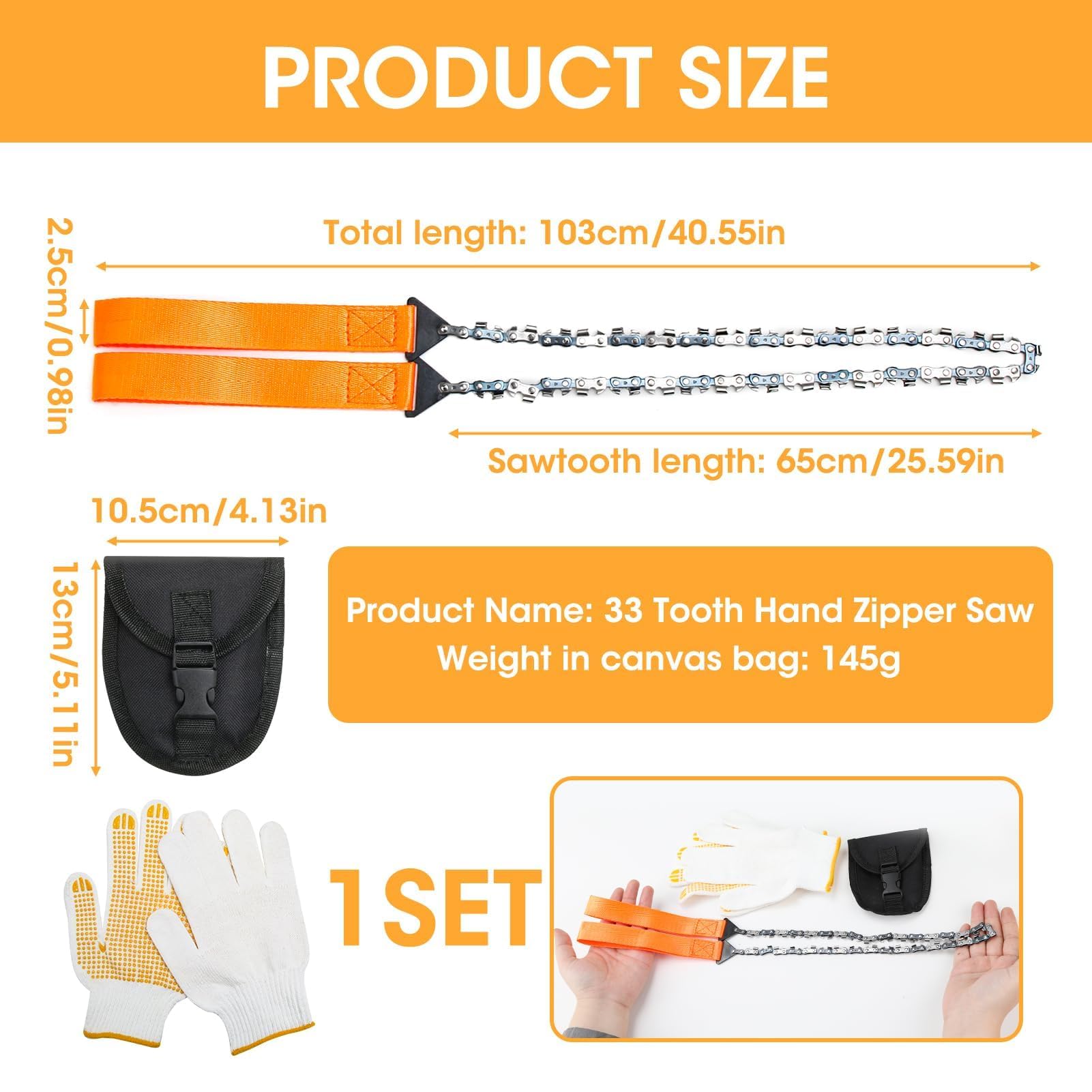 33 Denti Motosega Tascabile 103CM, JINSIHU Pocket Chainsaw Sega a Catena a Mano Sega a Catena Manual con Borsa Sega a Catena Manuale per Caccia Trekking Taglio Albero Campeggio Escursioni Giardinaggio